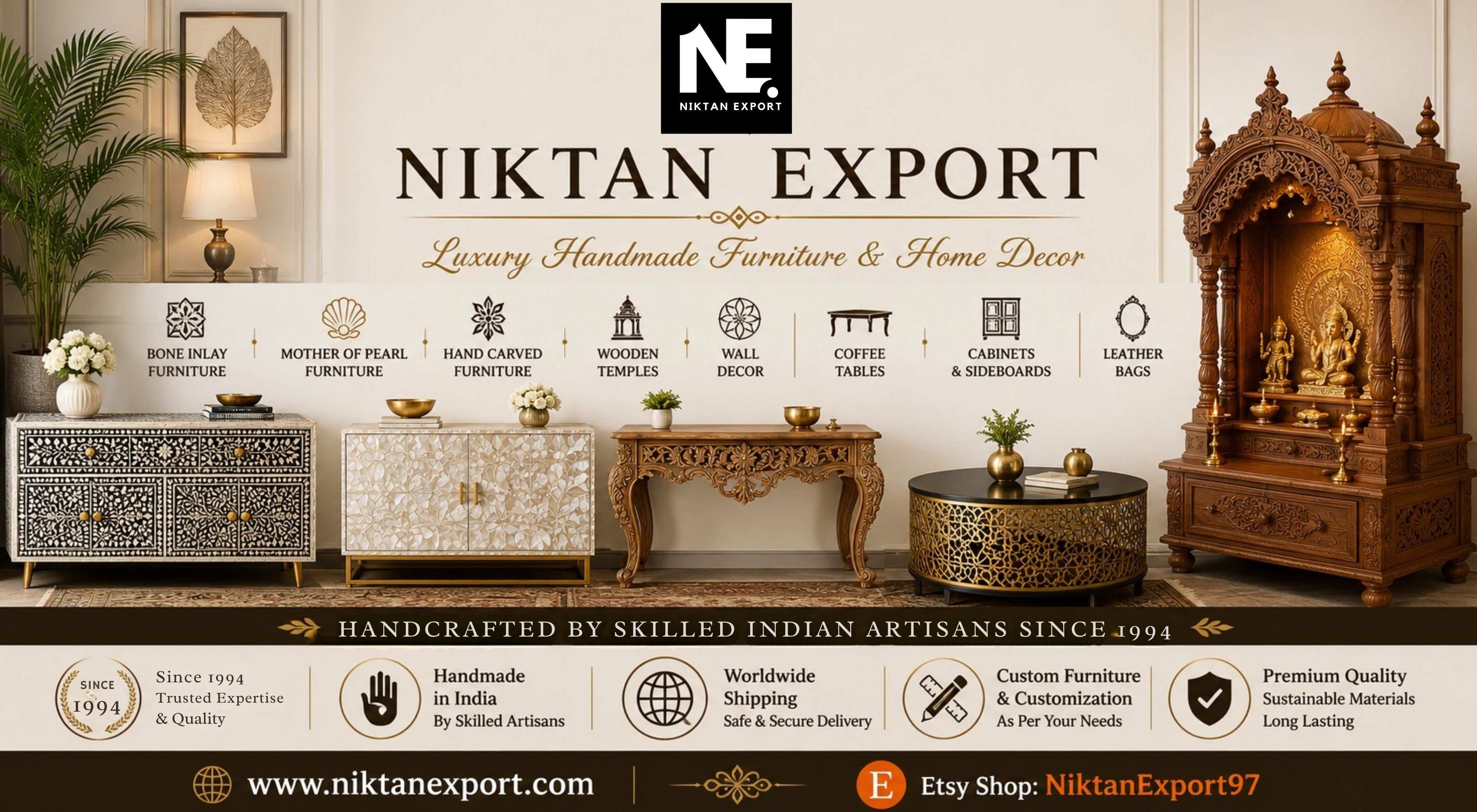 Niktan Export luxury handmade furniture manufacturer from India featuring bone inlay furniture, mother of pearl furniture, hand carved wooden furniture, wooden temple mandir, coffee tables and premium handcrafted home decor products exported worldwide
