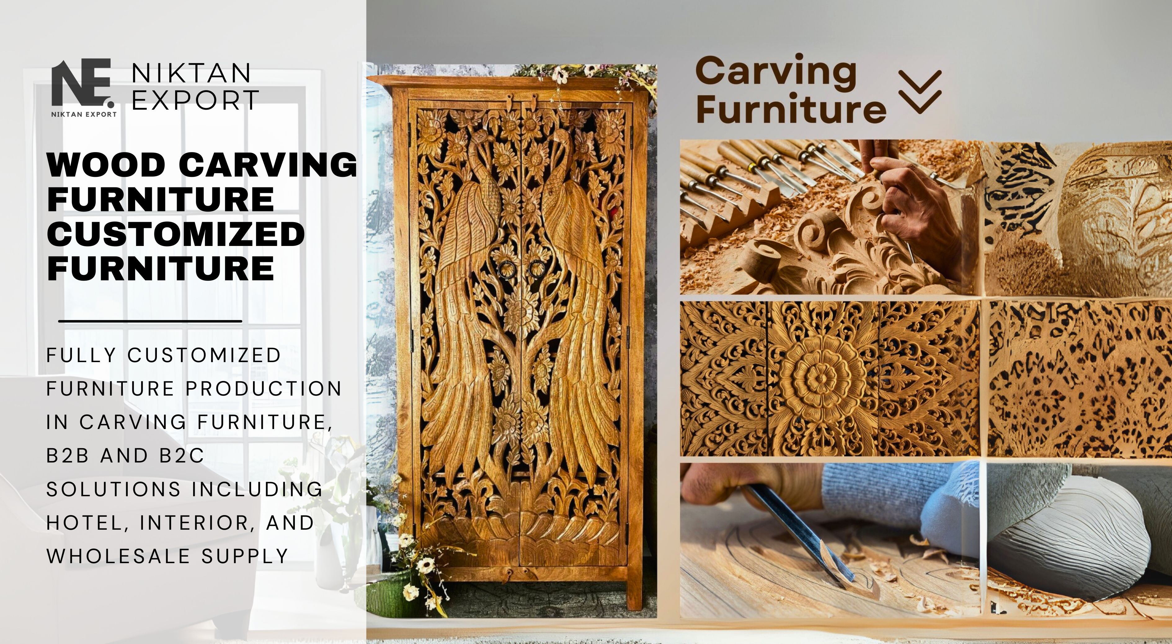 A skilled artisan carefully carves intricate floral patterns on a solid wood tabletop at Niktan Export.