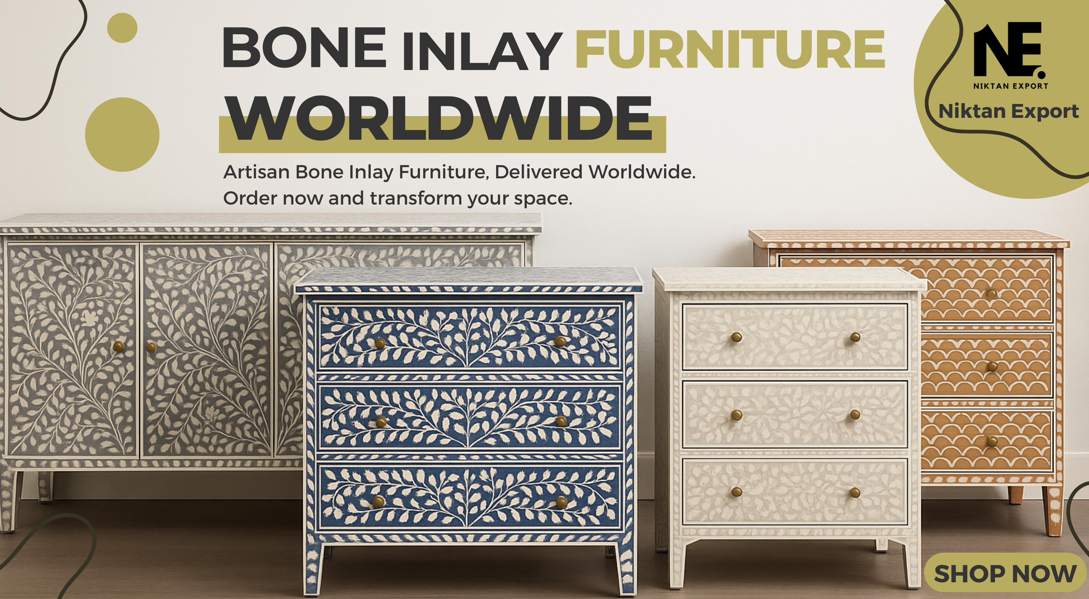 Bone Inlay Furniture Collection — Featuring Coffee Tables, Sideboards, Consoles, Cabinets, and Chest of Drawers in Black and Grey with Custom Size Options