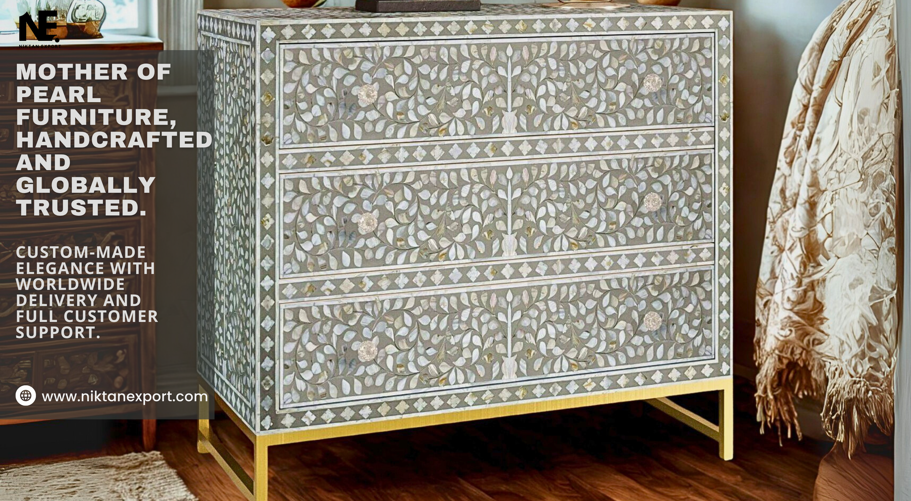 Handcrafted Mother of Pearl and Bone Inlay Furniture by Niktan Export – made by Indian artisans with traditional skills and global appeal, perfect for home and office décor in the USA, UAE, Europe, Australia, and beyond.