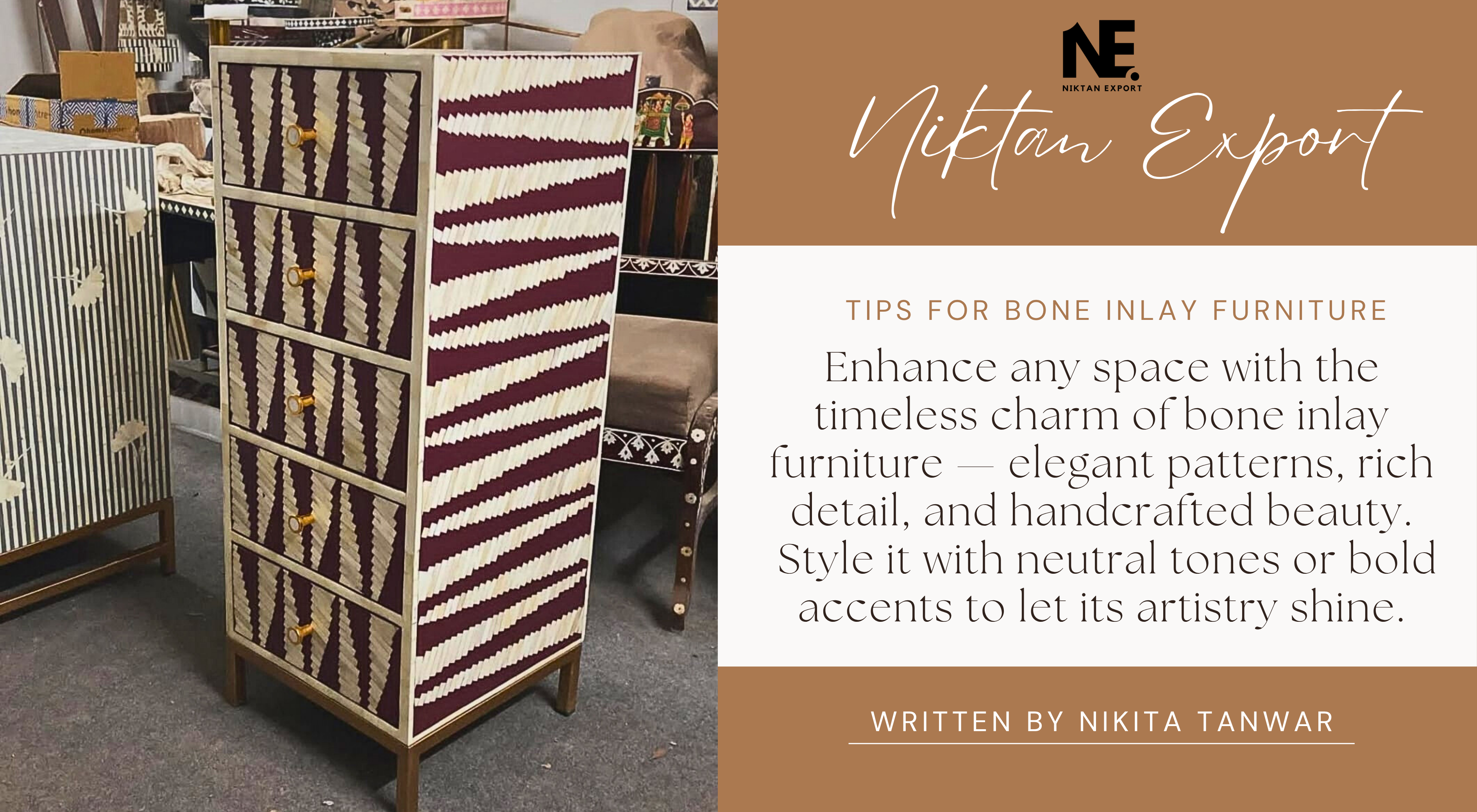 Handcrafted bone inlay coffee table styled in a neutral-toned living room with rich detailing, by Niktan Export.