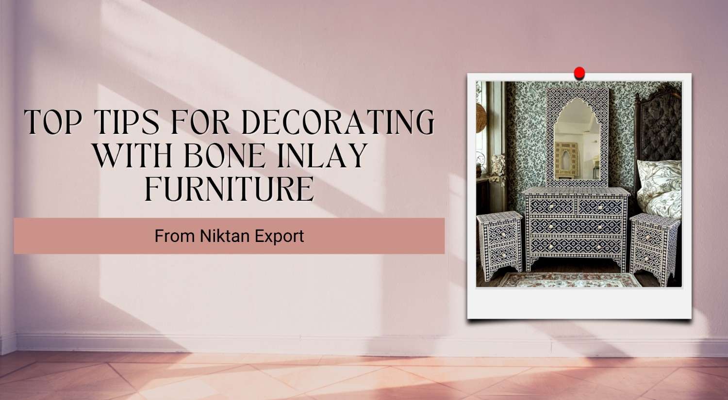 Handcrafted bone inlay furniture showcased in a modern living room with artisan-made details and worldwide shipping support