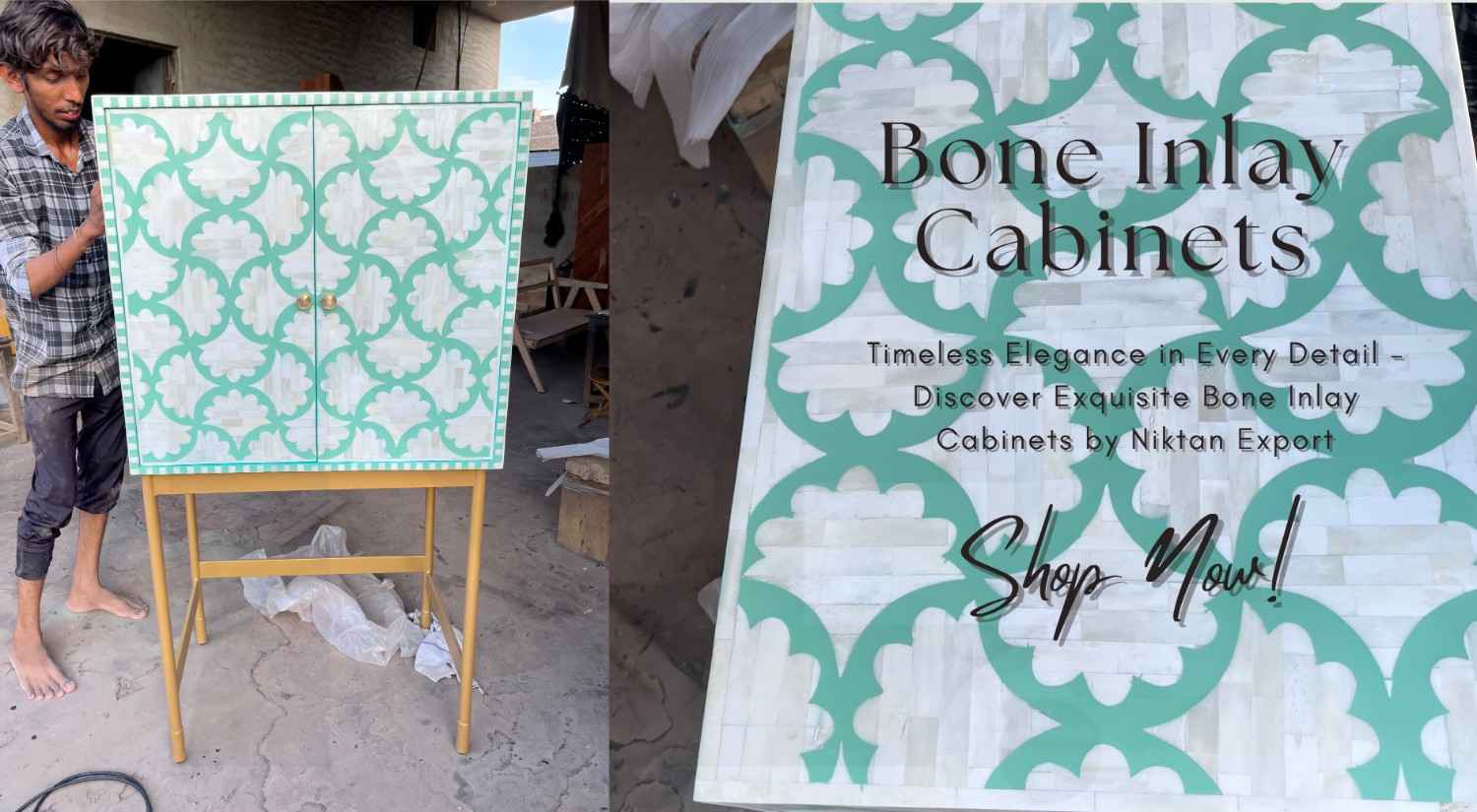 A handcrafted bone inlay cabinet with floral design by Niktan Export, showcasing timeless craftsmanship and traditional Indian artistry, photographed for global promotion and online sales
