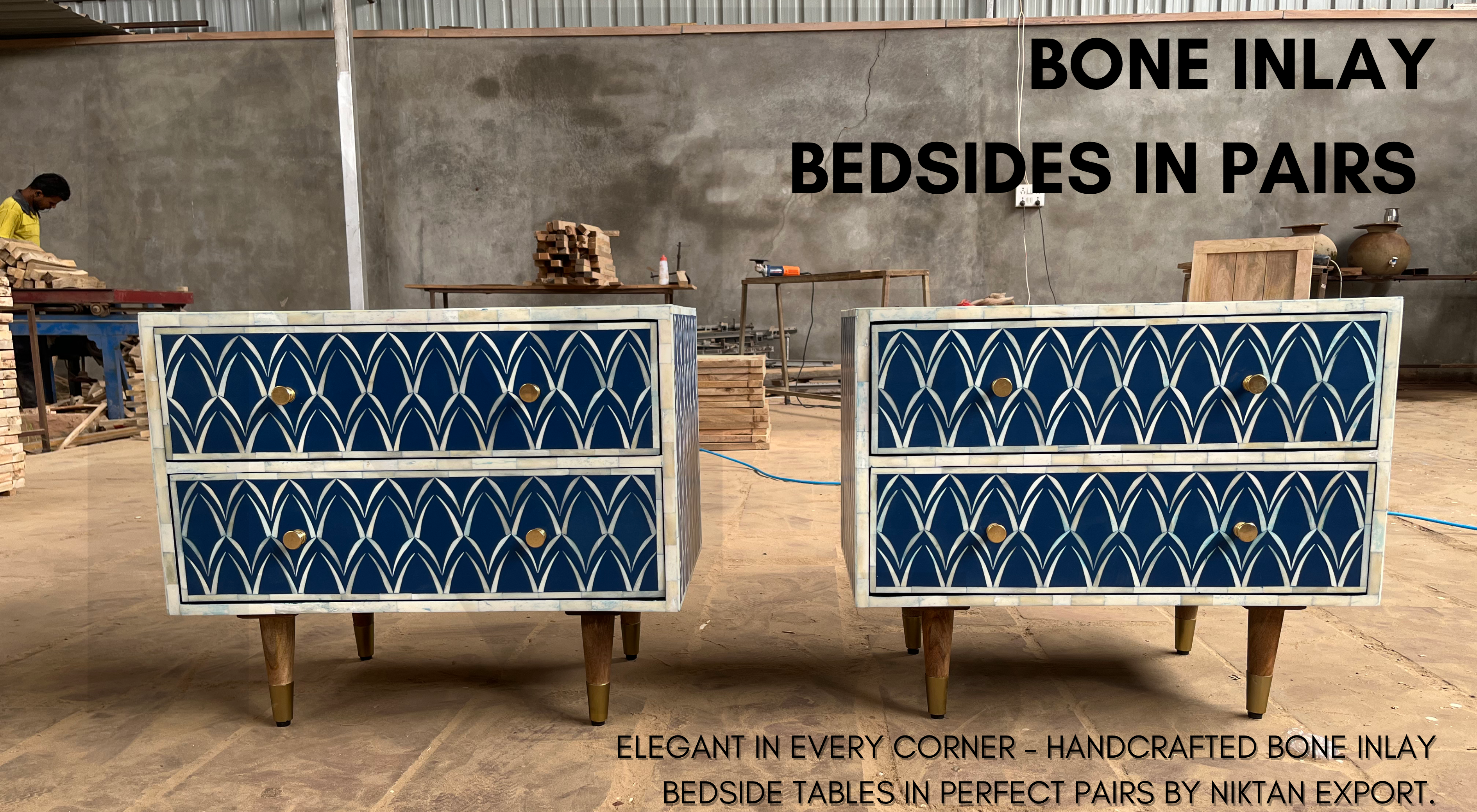 Handcrafted Bone Inlay Bedside Tables in matching pairs from Niktan Export, made with intricate detailing and perfect for luxury interiors