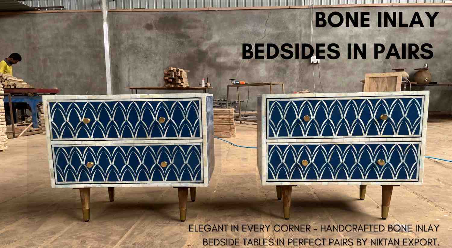Handcrafted Bone Inlay Bedside Tables in matching pairs from Niktan Export, made with intricate detailing and perfect for luxury interiors