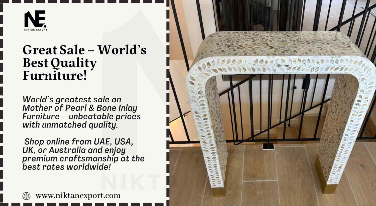 Handcrafted bone inlay sideboard and mother of pearl coffee table from Niktan Export – luxury artisan furniture with global shipping