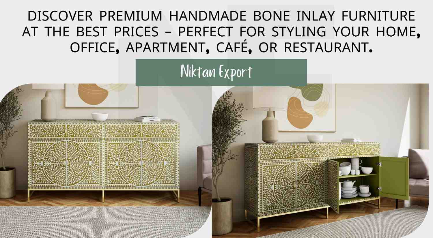 A beautifully handcrafted bone inlay sideboard from Niktan Export, showcasing intricate artisan craftsmanship and luxury home decor elegance