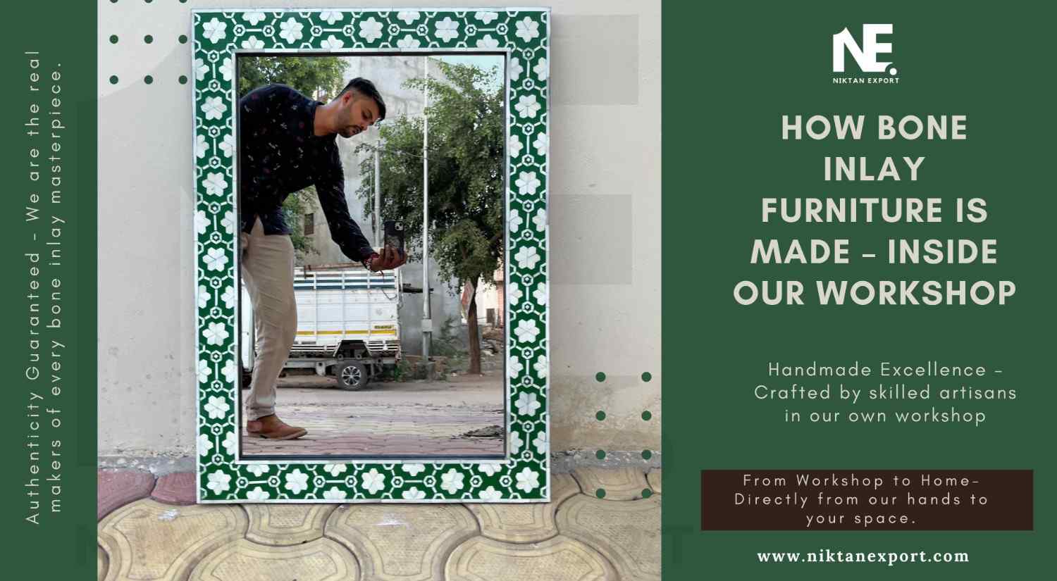 A skilled artisan in Niktan Export’s workshop carefully placing bone inlay pieces into a handcrafted coffee table design