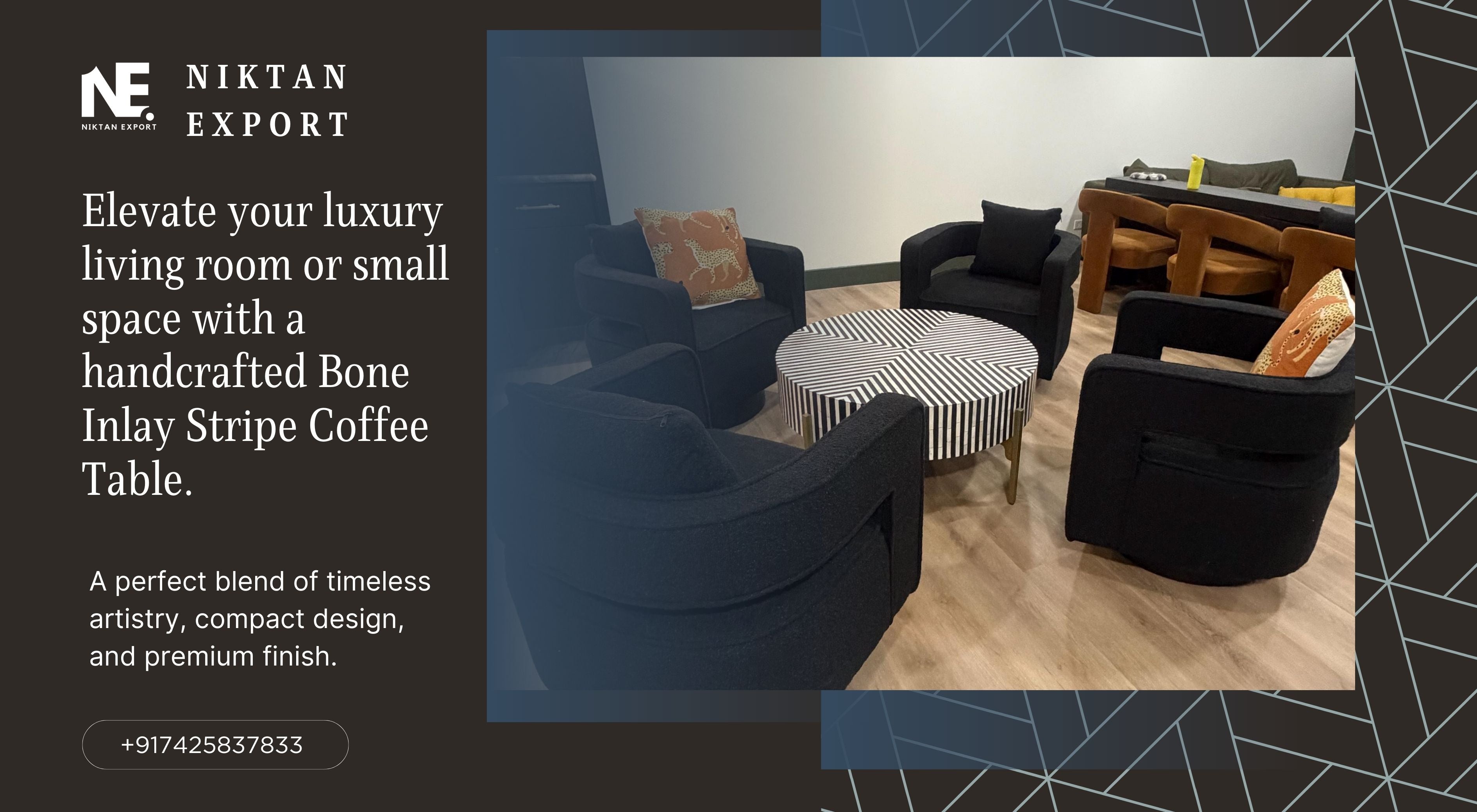 Handcrafted Bone Inlay Stripe Coffee Table with premium inlay detailing, designed for luxury living rooms and small spaces, showcasing timeless artisan craftsmanship.