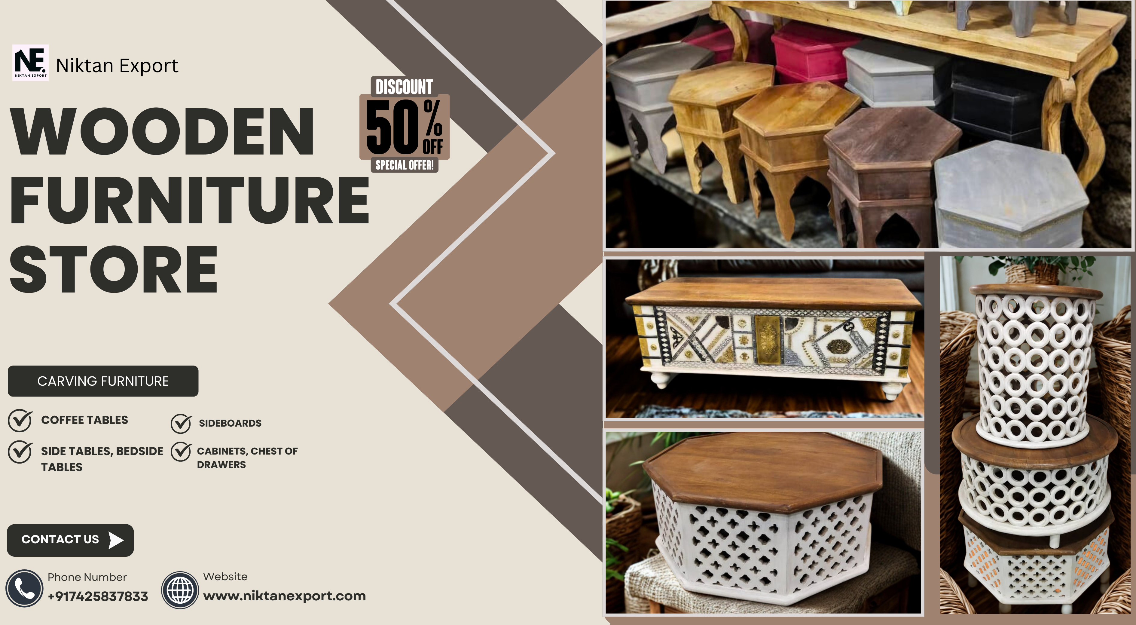 Artisan carving floral design on a wooden side table