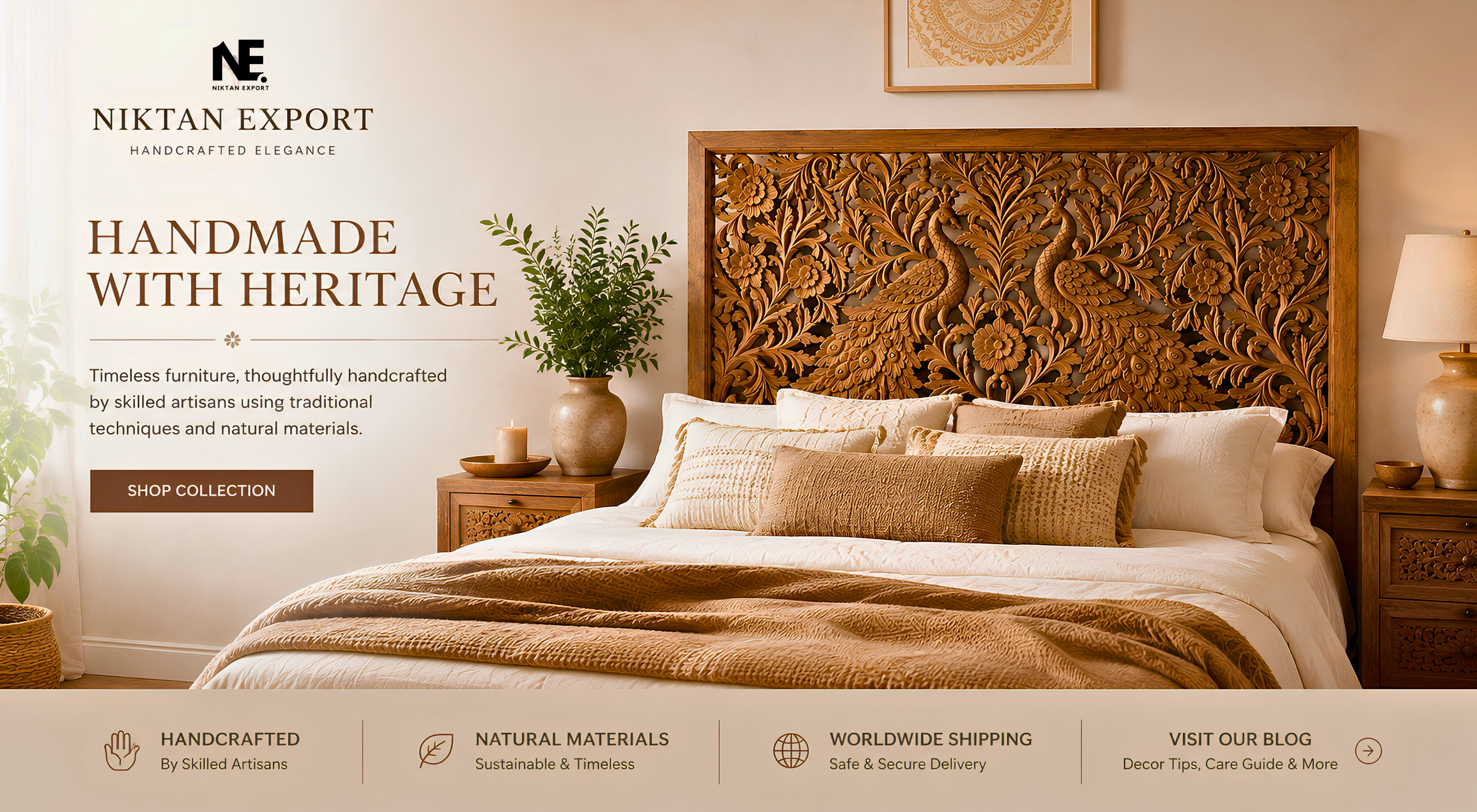 Hand-carved wooden peacock headboard in a warm bedroom interior