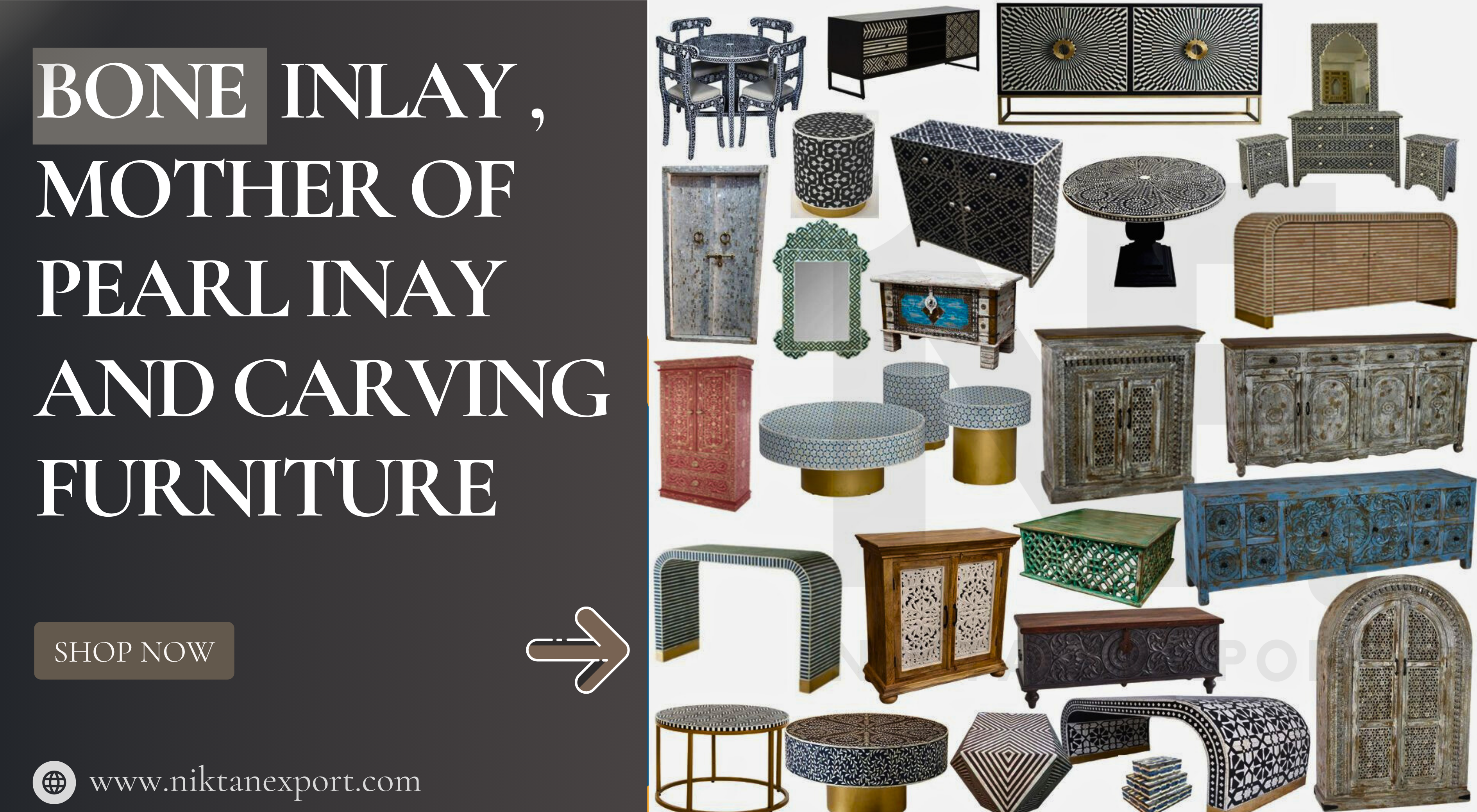 Artisan-crafted Bone Inlay, Mother of Pearl, and Carving Furniture from Niktan Export – showcasing sideboards, coffee tables, mirrors, and cabinets in a luxurious interior setting, loved globally and made with soulful craftsmanship.