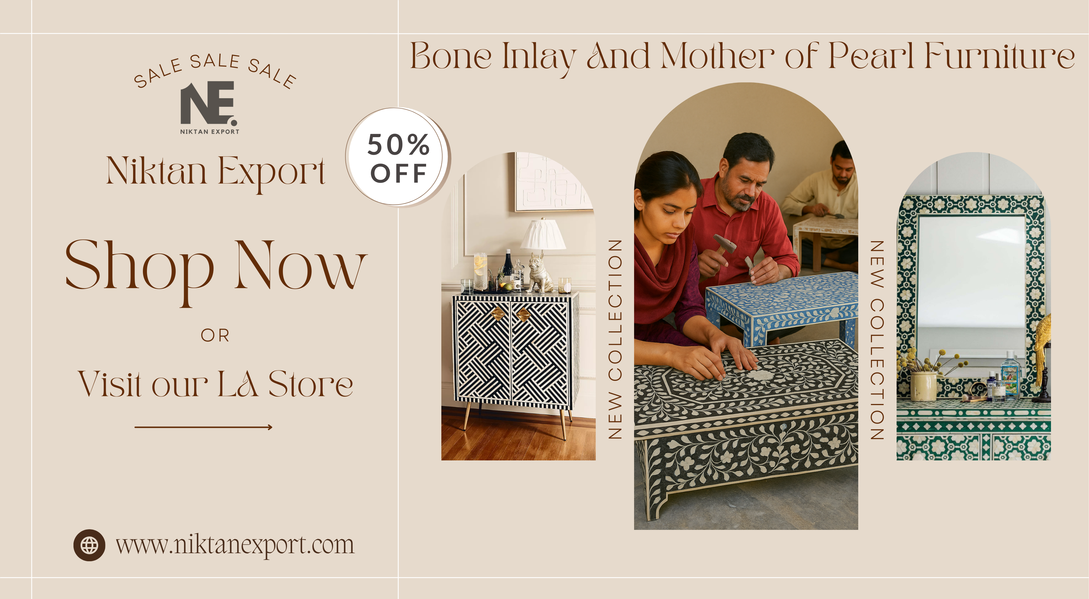 Handmade Bone Inlay and Mother of Pearl furniture including coffee tables, mirrors, sideboards, chests of drawers, and end tables—crafted by skilled Indian artisans with intricate floral and geometric designs, perfect for luxury home and office interiors.