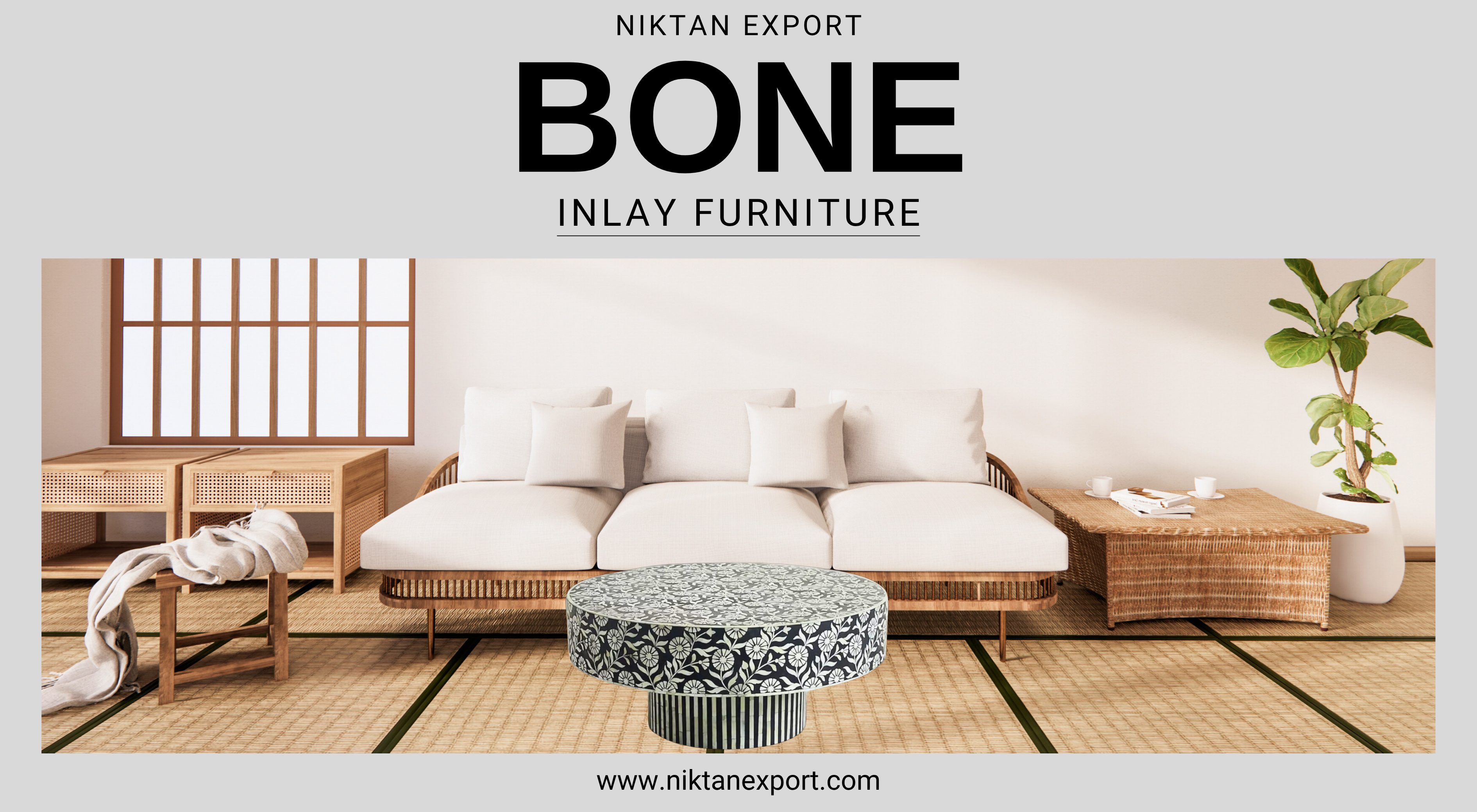 Handmade Bone Inlay Coffee Table with intricate floral patterns, crafted from ethically sourced camel bone, showcasing timeless Indian artistry—a luxurious centerpiece for elegant living rooms, now available worldwide at Niktan Export.