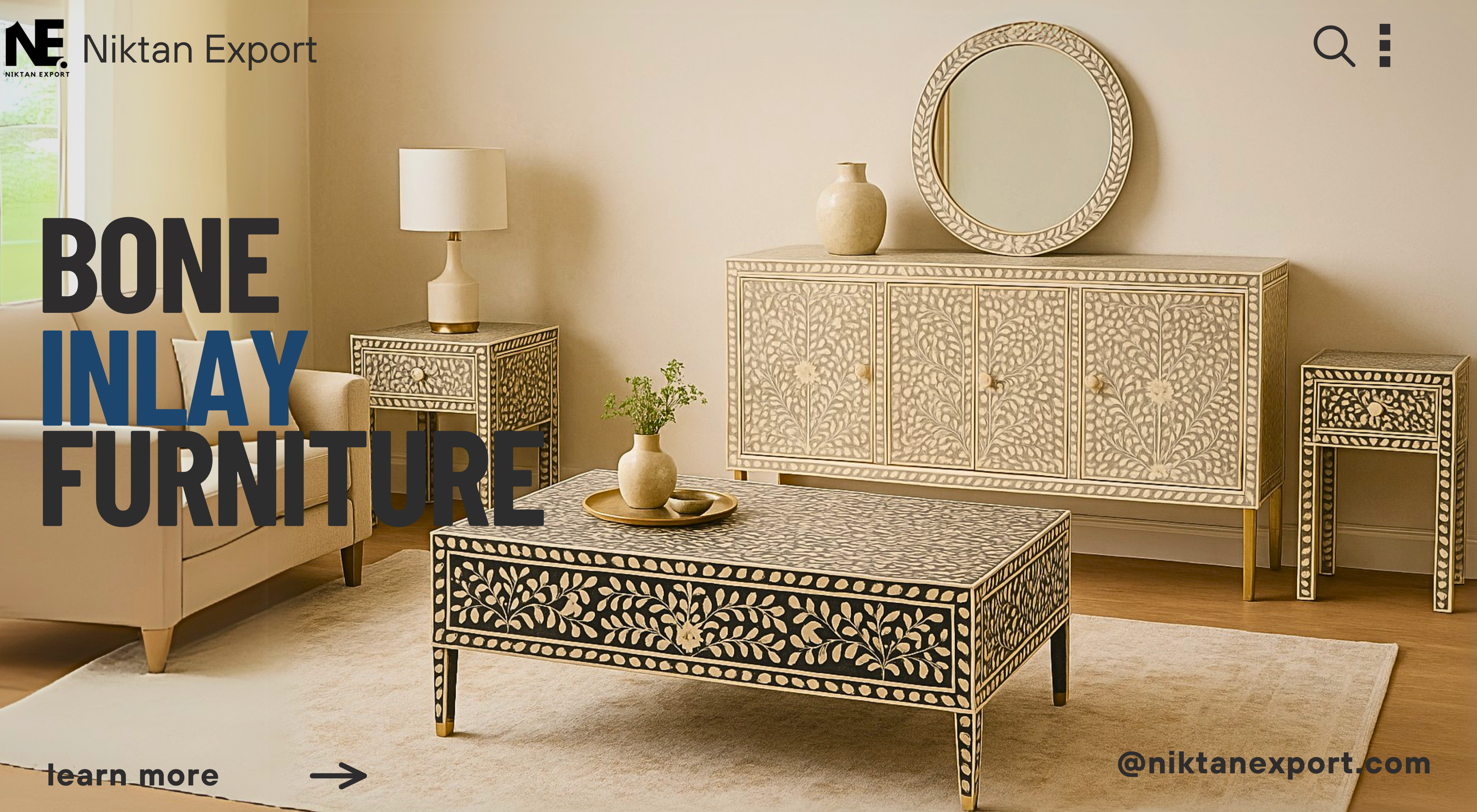 Exquisite handmade black bone inlay coffee table with brass legs, part of Niktan Export’s 2025 luxury collection.