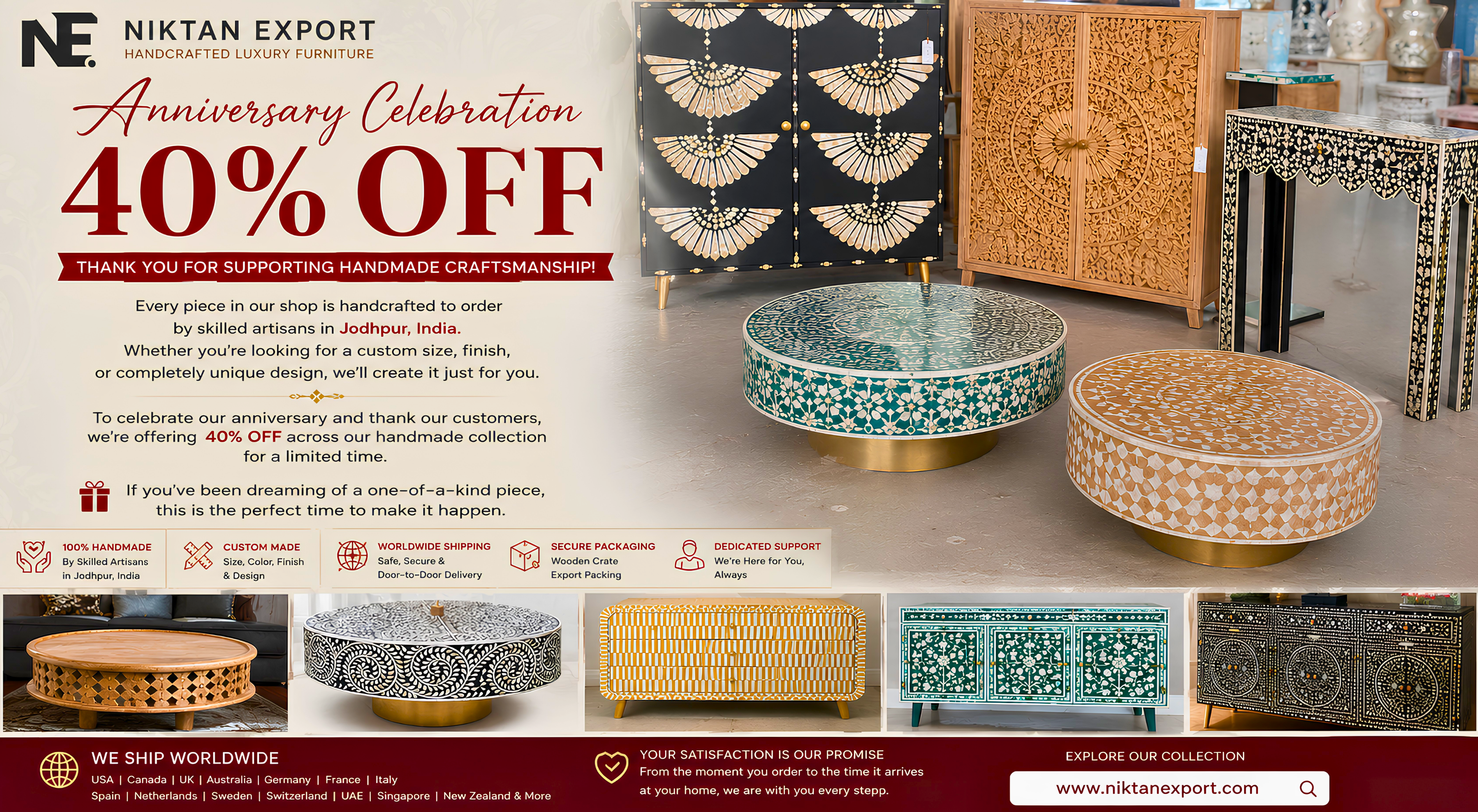 Luxury handmade Bone Inlay Furniture including coffee tables, sideboards, bedside tables, and console tables handcrafted in Jodhpur, India for homes across the UK, Australia, and Europe.