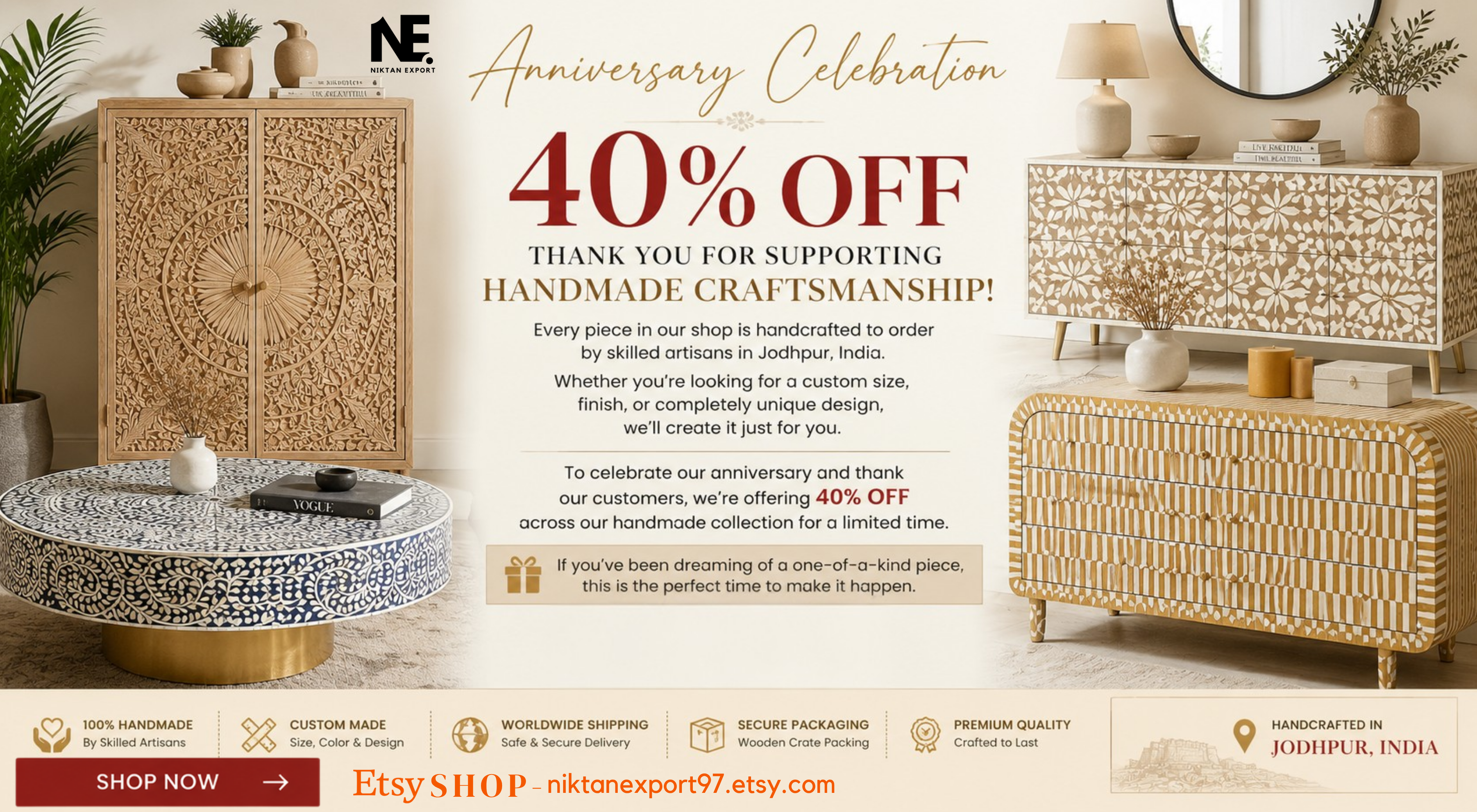 Anniversary Celebration 40% OFF Handmade Bone Inlay, Mother of Pearl & Carved Furniture by Niktan Export, handcrafted in Jodhpur, India.