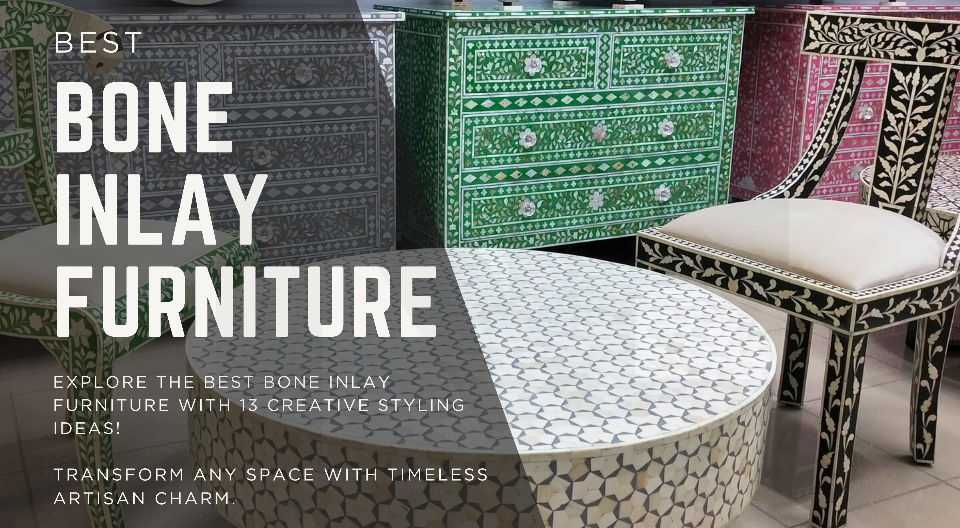 Elegant handcrafted bone inlay furniture by Niktan Export, including coffee table, mirror, and sideboard — styled in a cozy modern home.