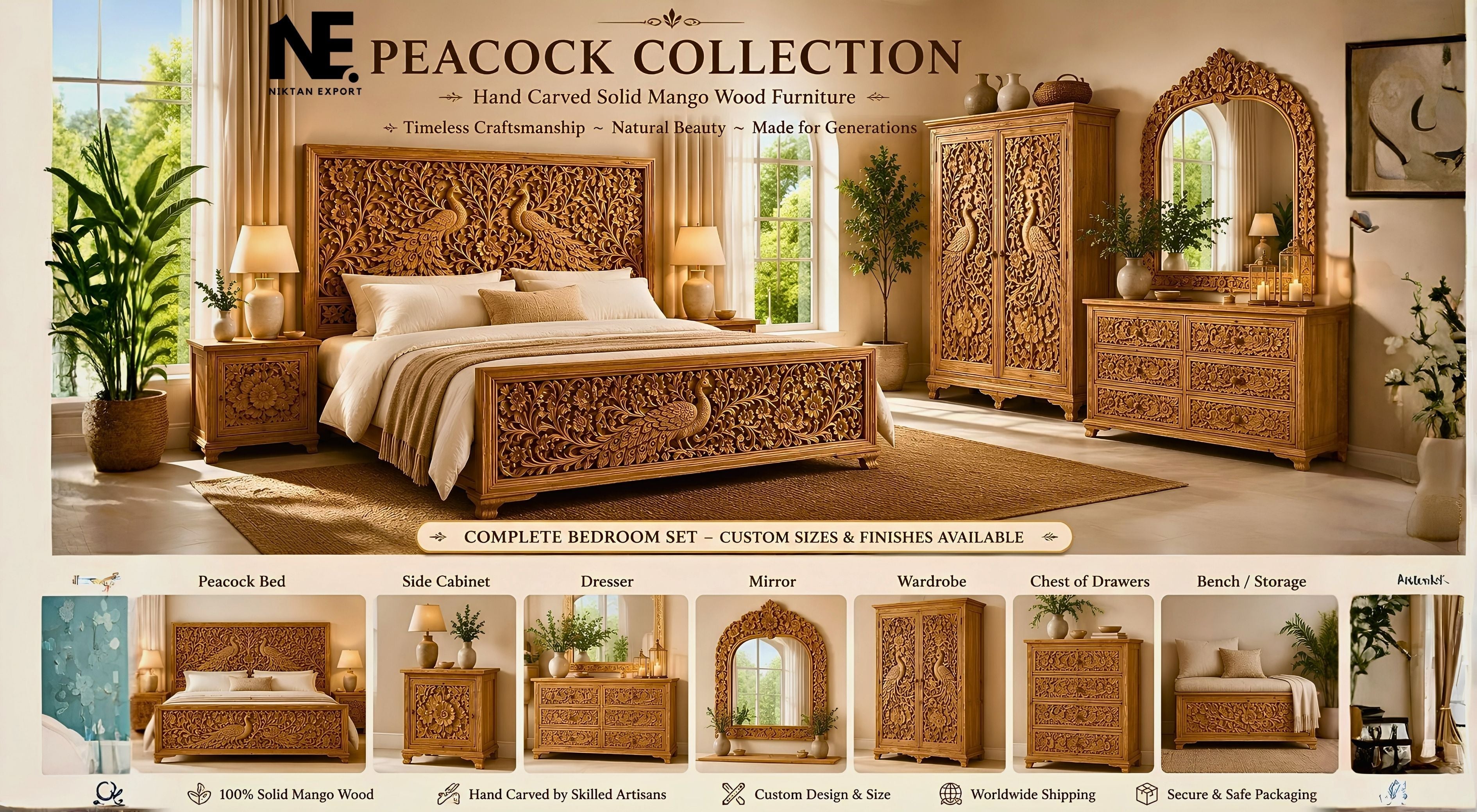 Luxury Peacock Bedroom Furniture handcrafted by Niktan Export India featuring hand carved solid mango wood furniture, peacock carved bed frame, luxury wooden bedroom furniture and premium handmade furniture exported worldwide