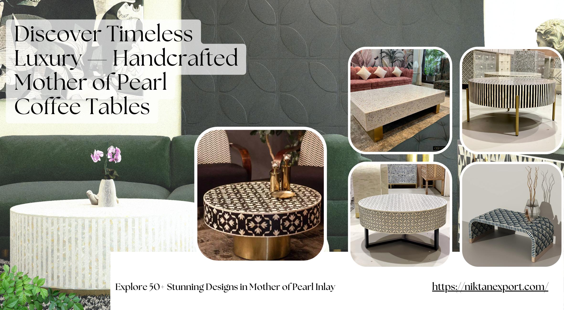 Luxury handcrafted round Mother of Pearl coffee table in navy blue with floral inlay and golden base, displayed with elegant lighting and decor for a premium home interior look.