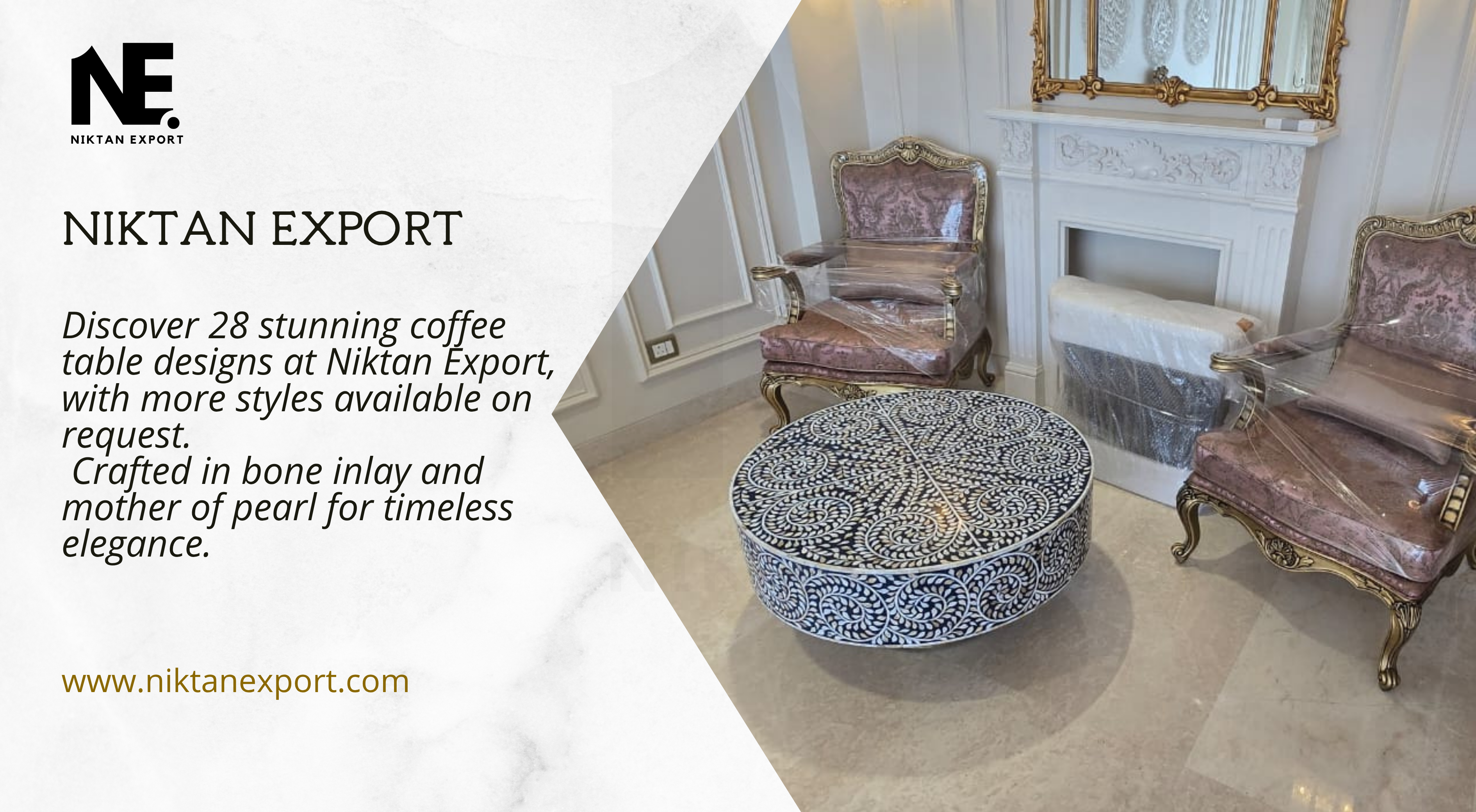Handcrafted bone inlay and mother of pearl coffee tables by Niktan Export – elegant furniture made by skilled artisans, perfect for luxury home and interior decor worldwide.