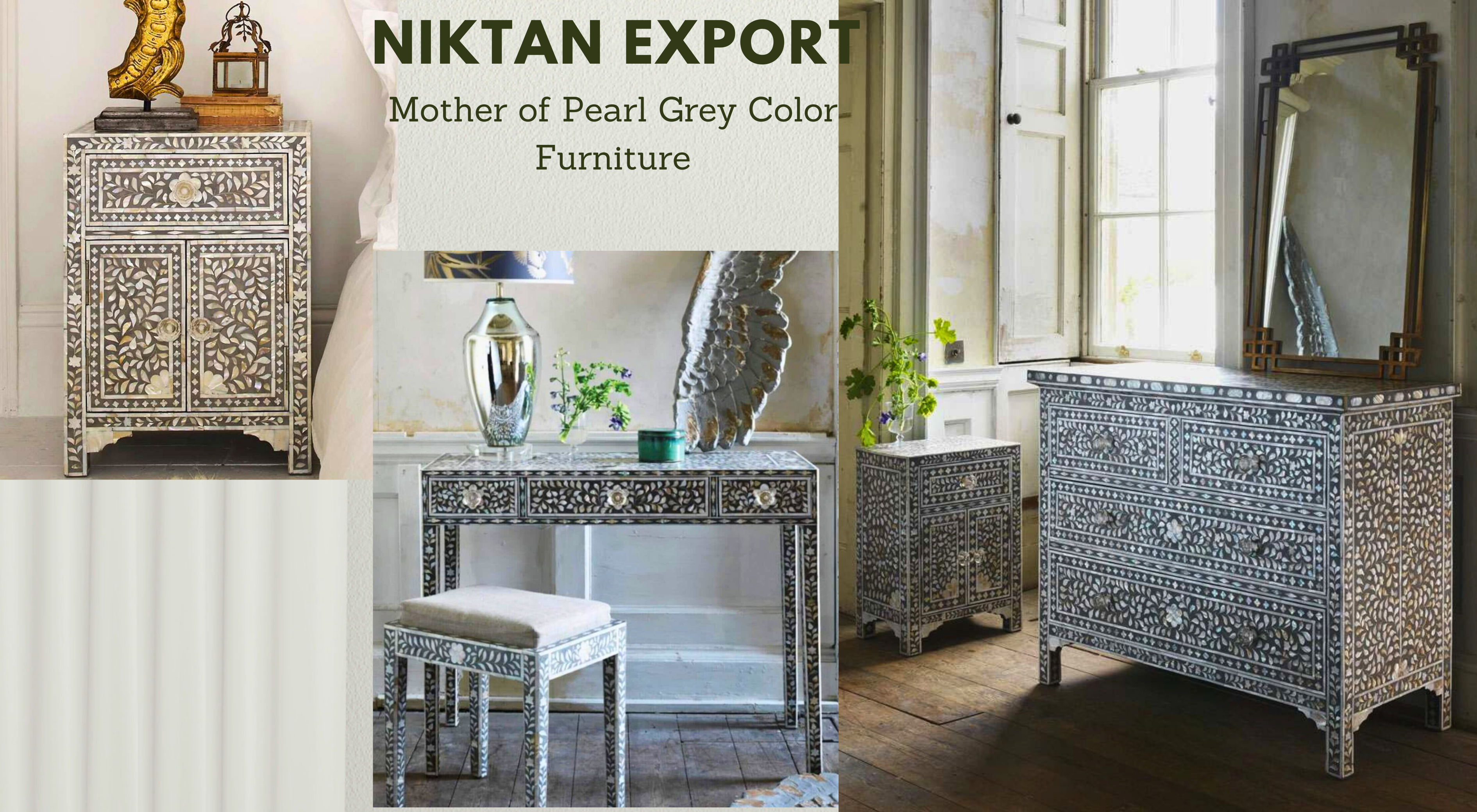 Grey Mother of Pearl Bedside Table with Intricate Floral Inlay Design