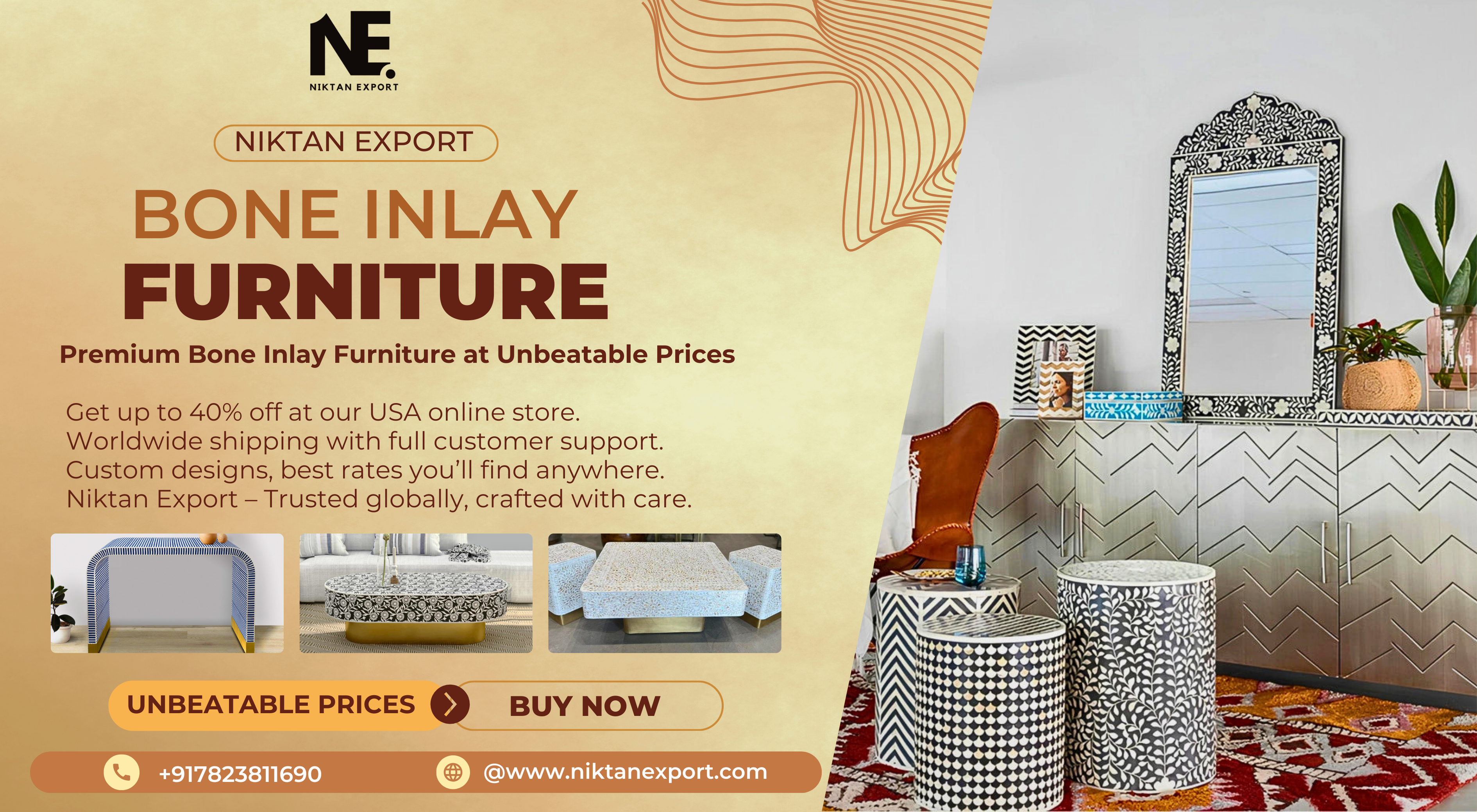 Main promotional banner displaying handcrafted bone inlay furniture with text highlighting up to 40% off, worldwide shipping, and full customer support from Niktan Export’s USA online store.