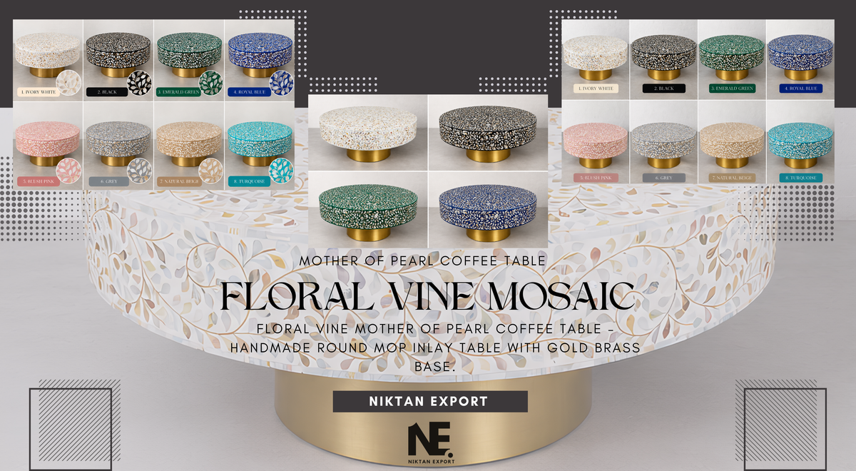 Floral Vine Mosaic round mother of pearl coffee table with intricate inlay patterns, gold-tone brass base, and eight colour options by Niktan Export.
