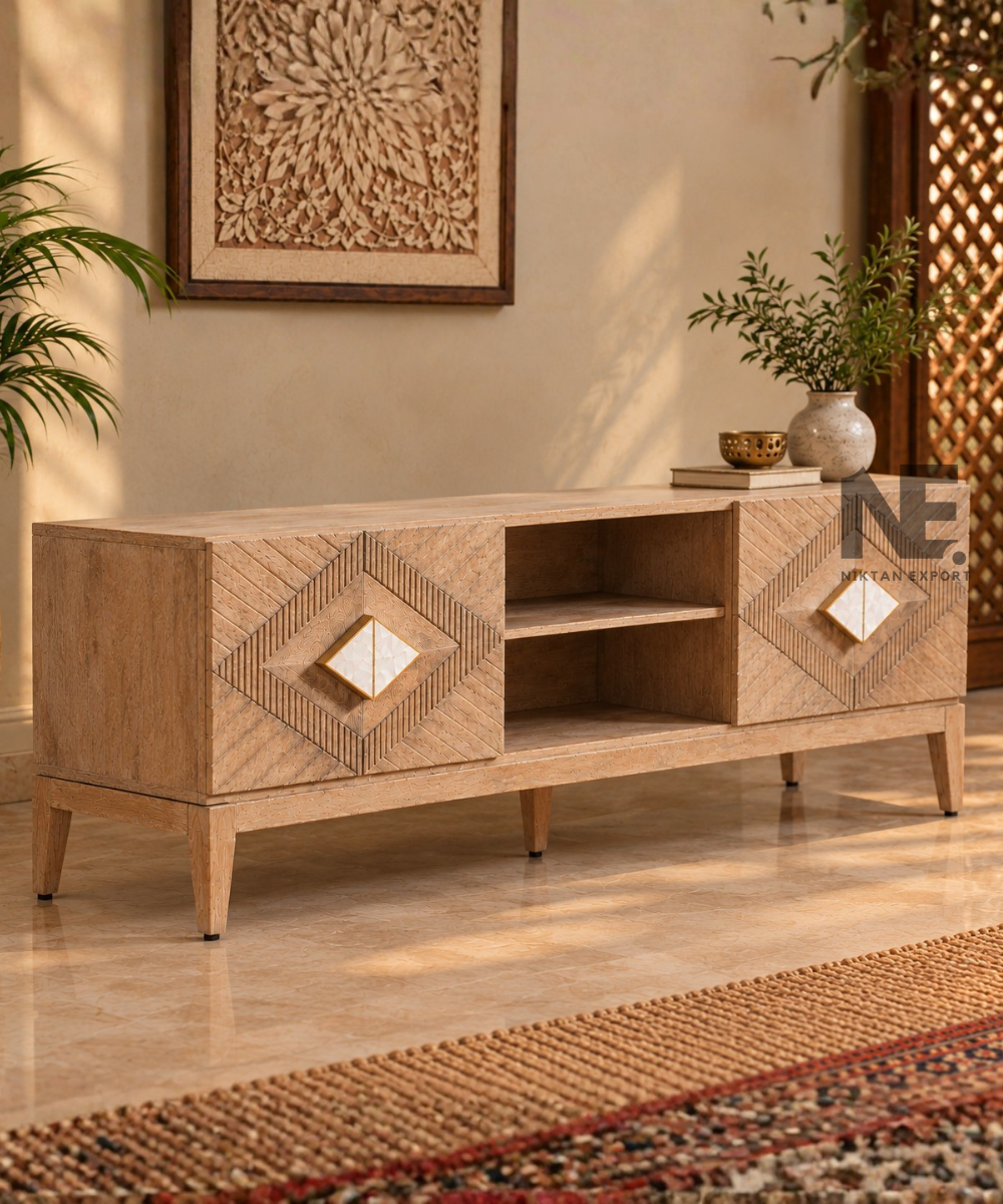 Geometric wooden TV console with diamond inlay accents