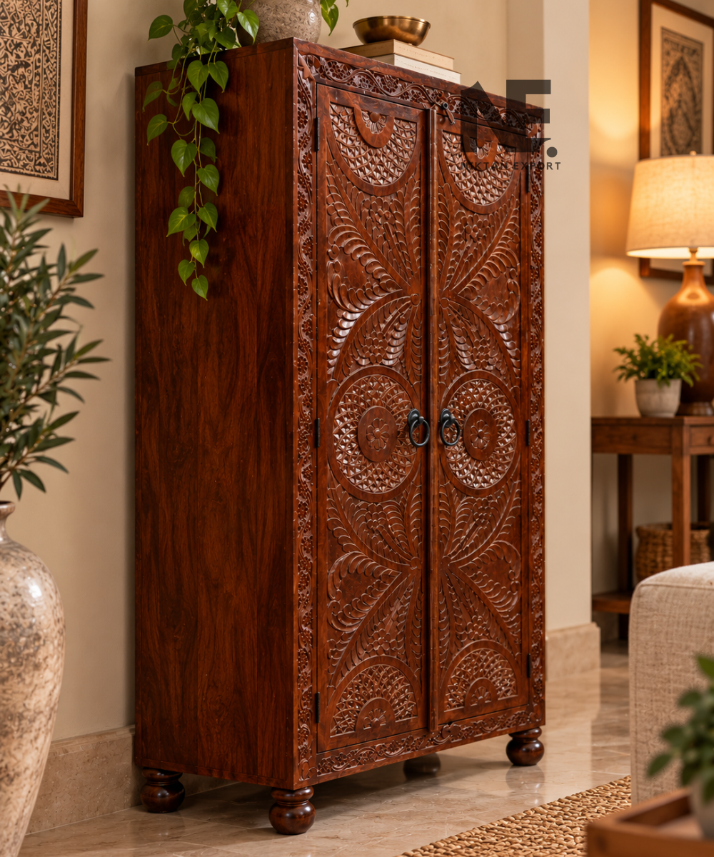 Front view of traditional carved wooden wardrobe