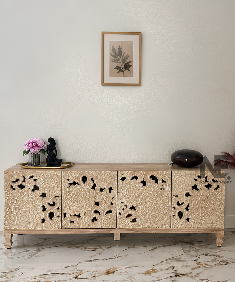 Ivory floral carved wooden sideboard with four cabinet doors