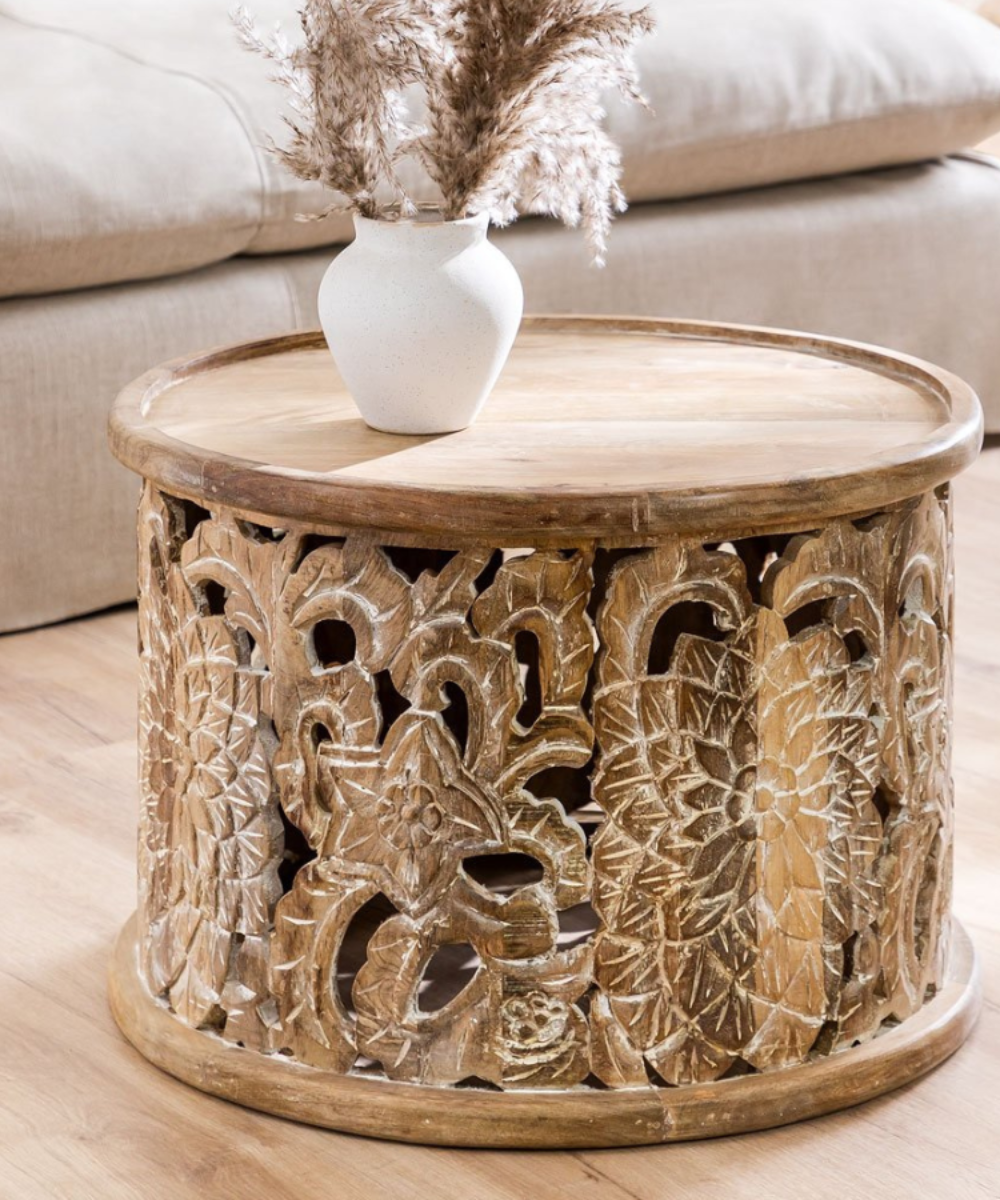 Hand-Carved Natural Round Mango Wood Coffee Table – Full View