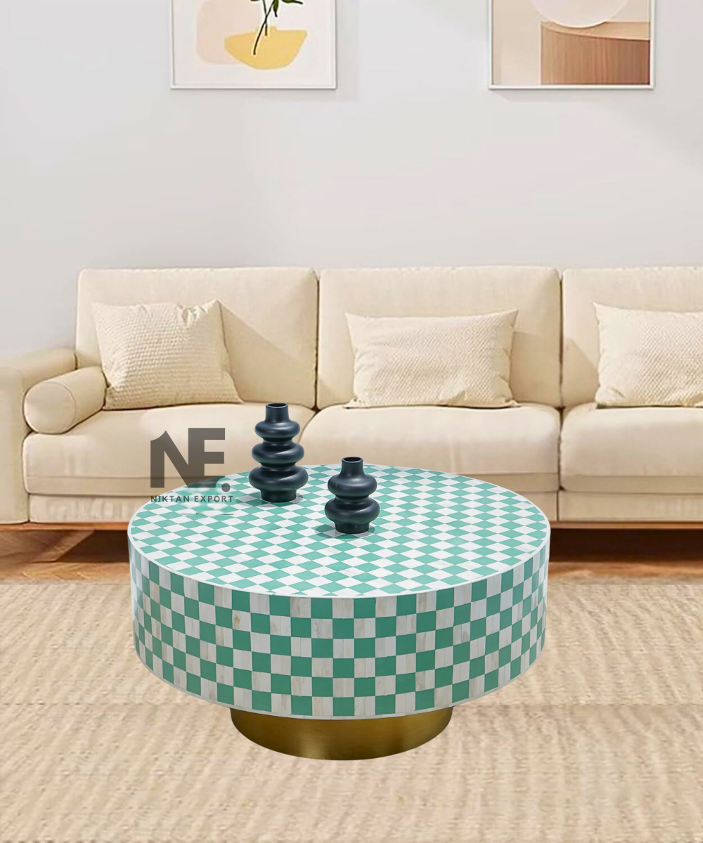 Bone Inlay Round Coffee Table with Gold Base – Front Angle View