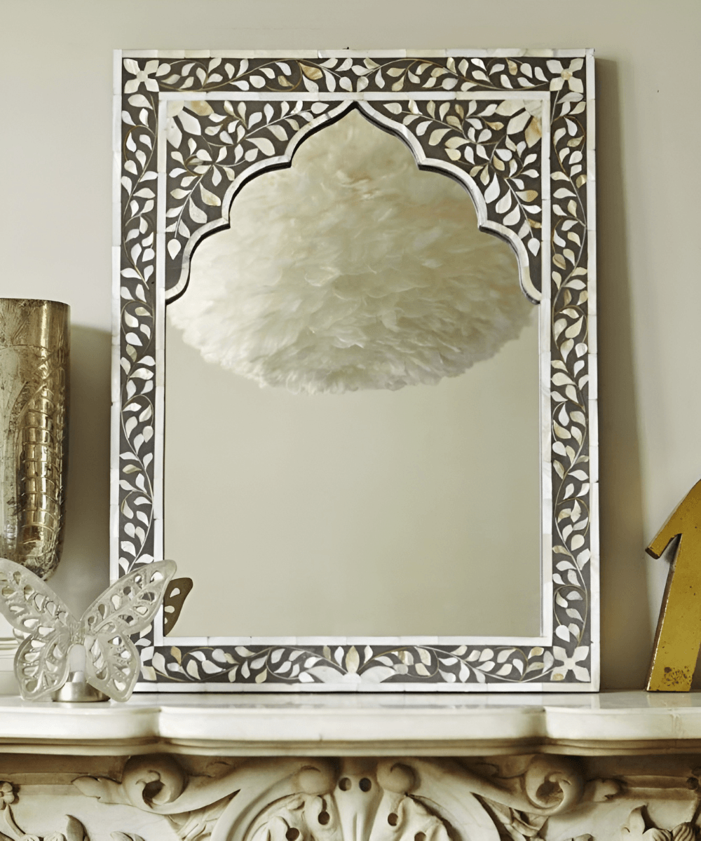 Niktan Export Mother of Pearl Mirror Exquisite Artisanal Craftsmanship Handcrafted - NikTan Export
Handcrafted Mother of Pearl Mirror Front View – 45x60 cm