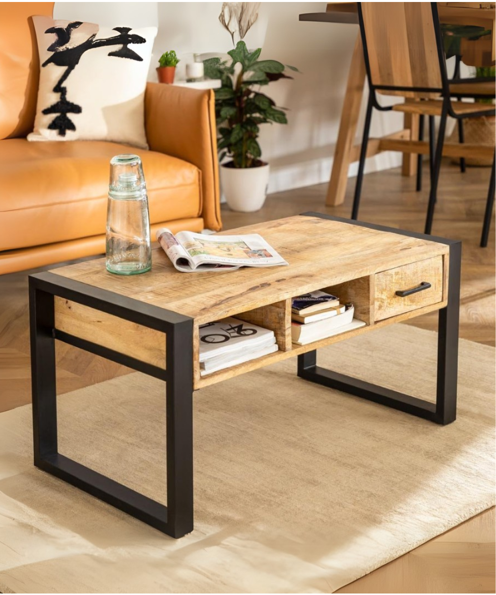 Front view of Keblar recycled wood coffee table with iron legs