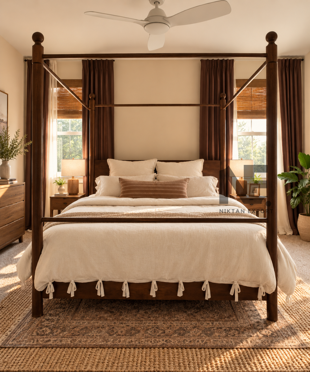Natural light oak four poster canopy bed with botanical curtains