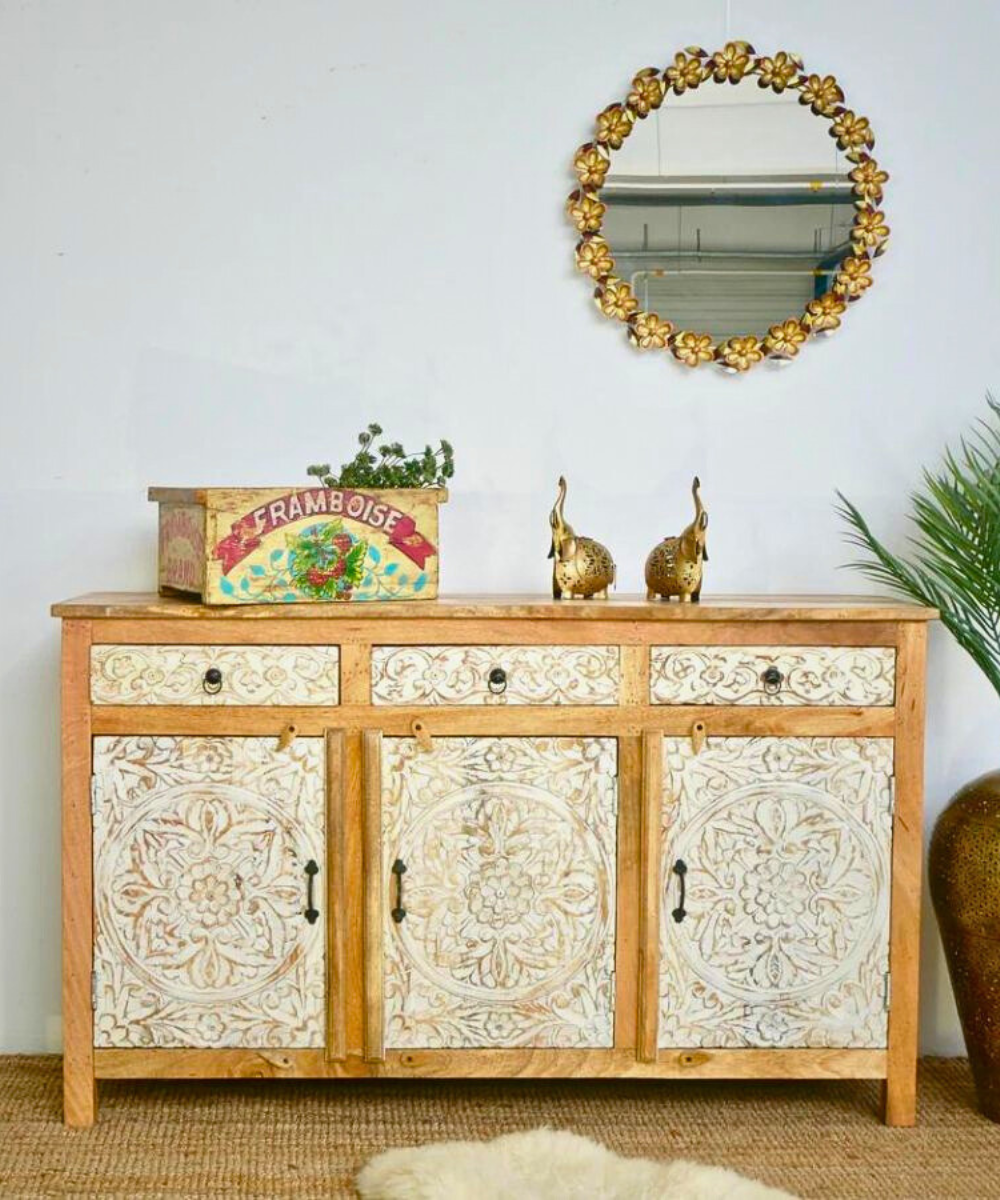 Front view of floral hand-carved natural white sideboard made from solid mango wood