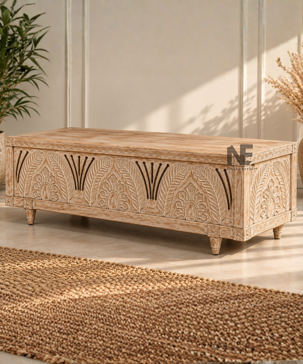 Rustic wooden storage chest with distressed whitewashed finish