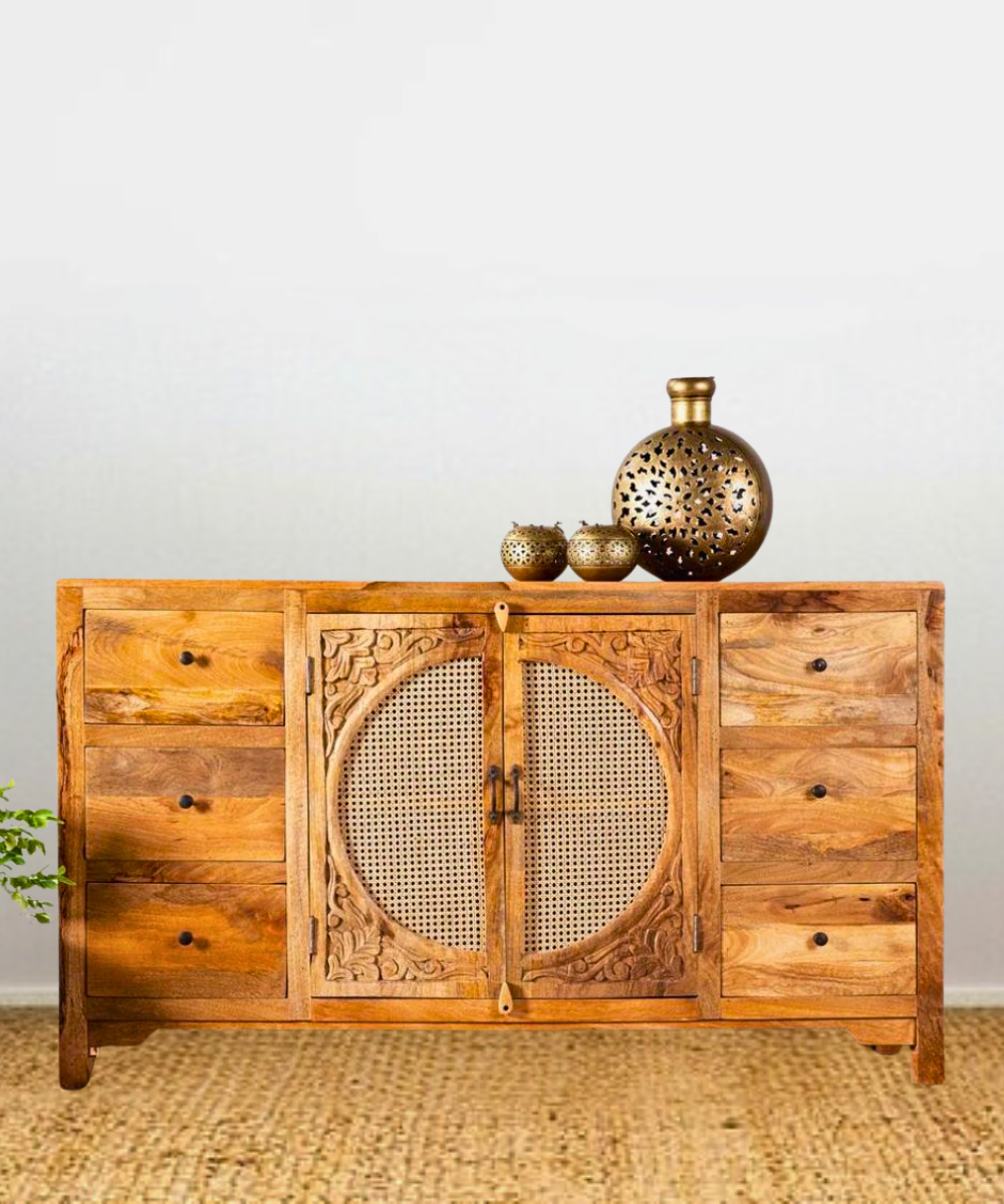 Front view of Solid Wood Natural Cane Sideboard with mango wood frame and rattan doors.