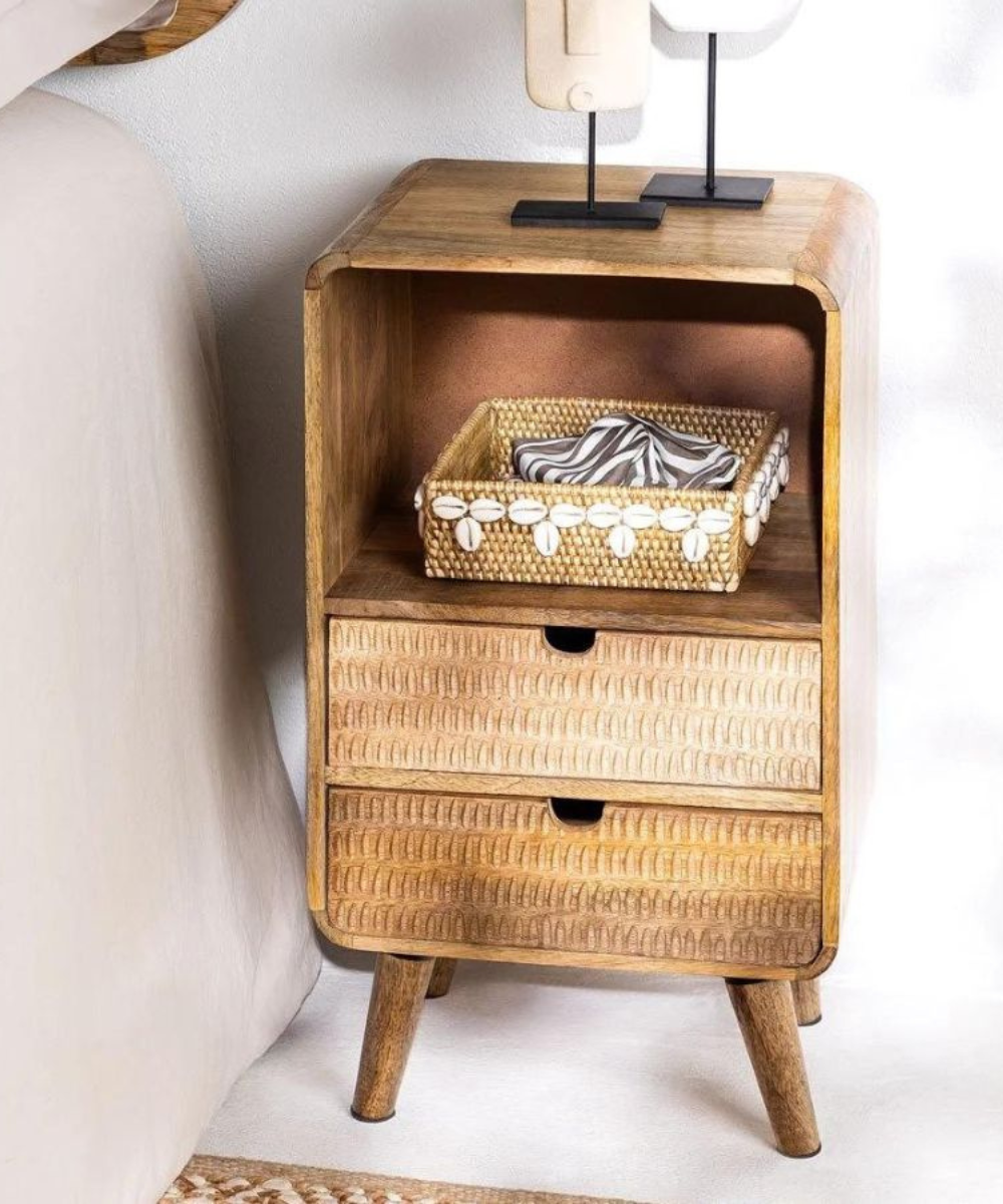 Hand Carved Natural Bedside Table – Front View