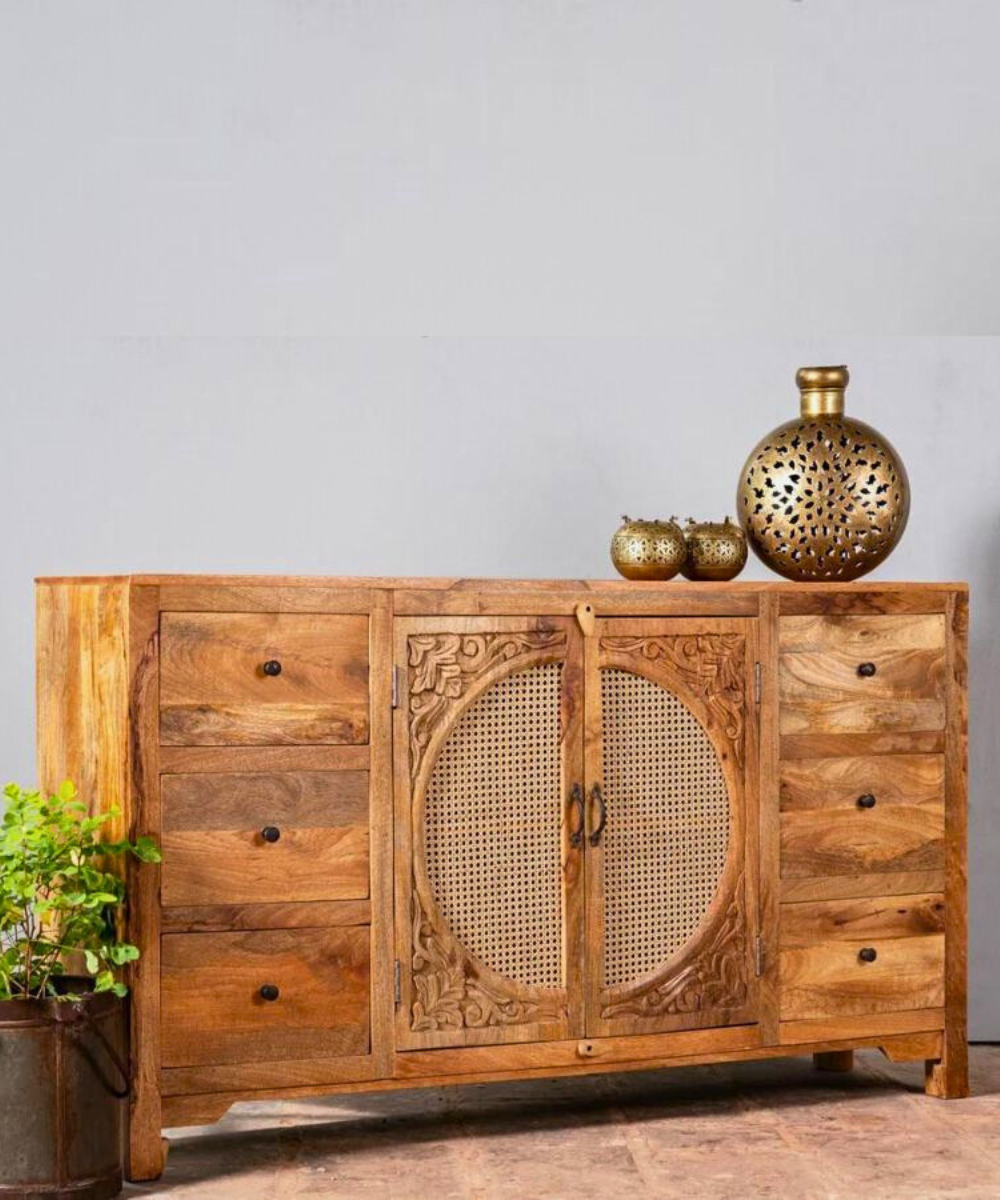 Close-up of handwoven rattan doors for a natural, bohemian touch.