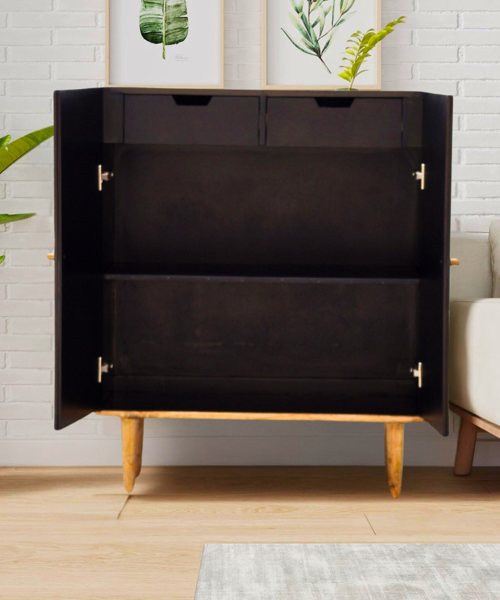 Bone Inlay 2 Door Cabinet with Wooden Legs – Black Swan Pattern, Elegant Storage