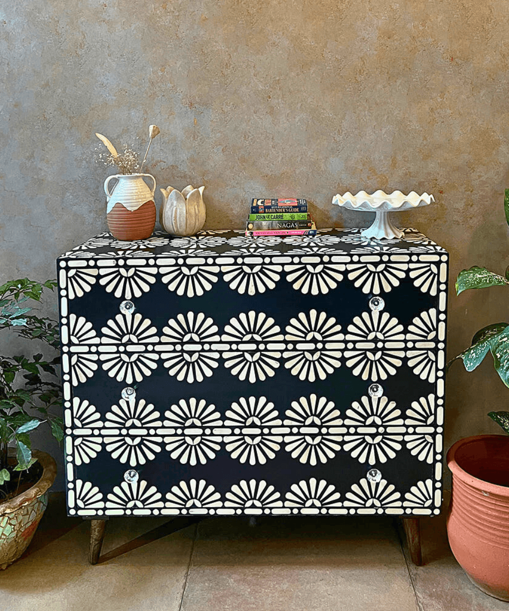 Niktan Export Bone inlay Chest of Drawers Exquisite Handmade with Contemporary Design - NikTan Export
Front view of Bone-Inlay Chest with 3 drawers