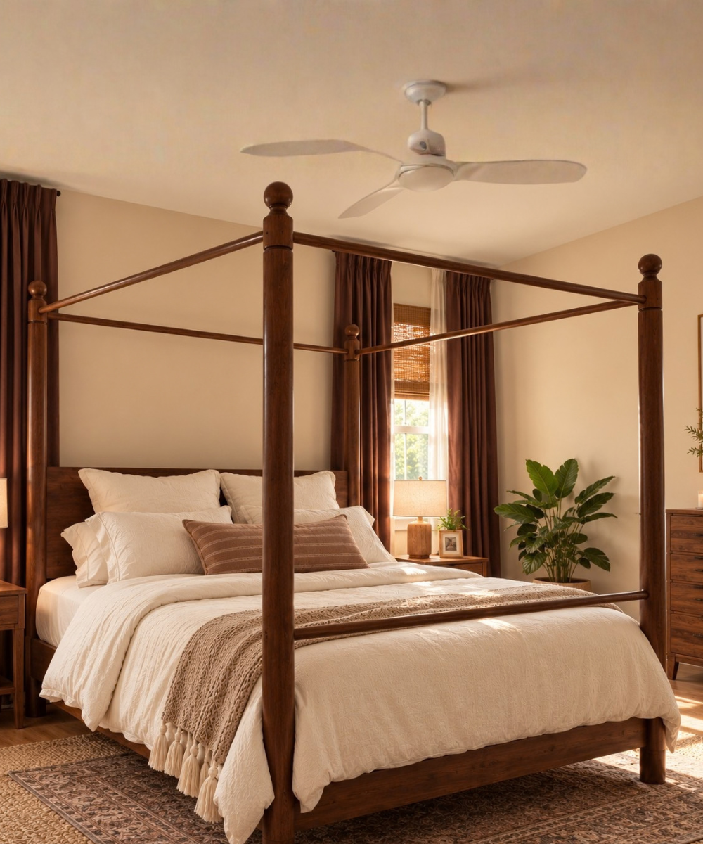 Front view of a light oak wooden canopy bed