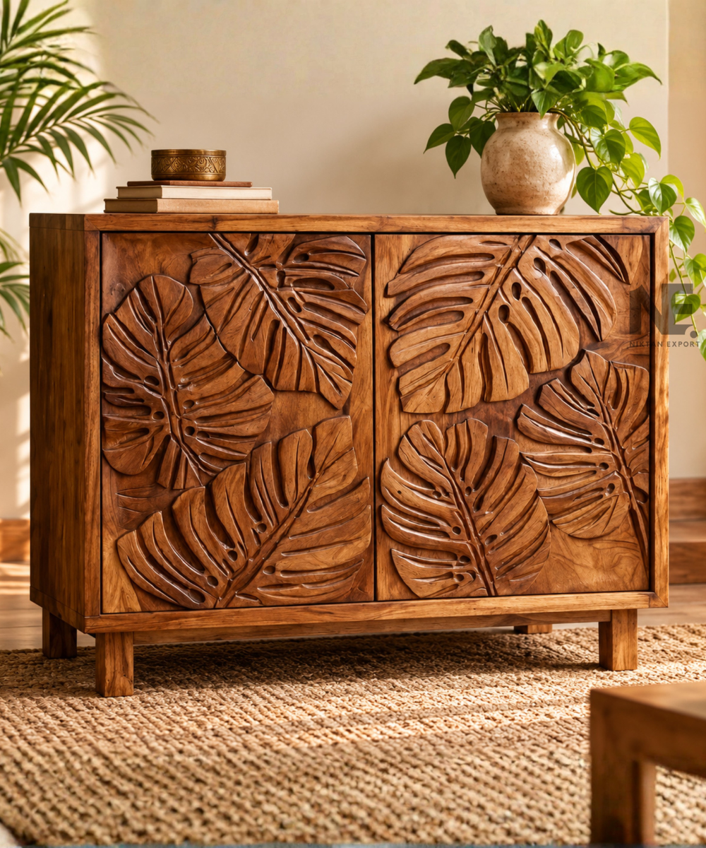 Front view of carved mango wood cabinet with leaf design