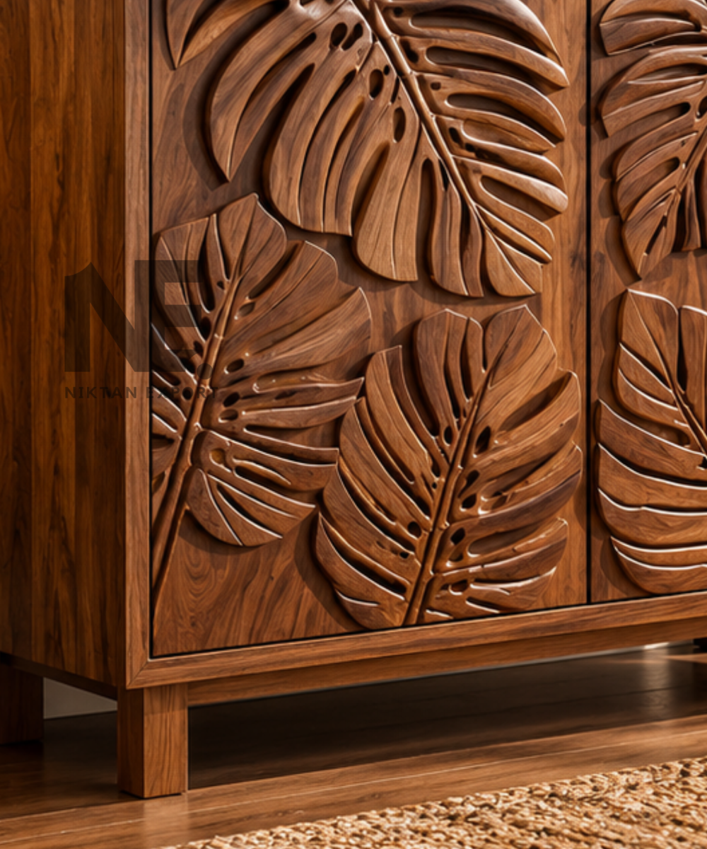 Close-up of leaf carving on mango wood cabinet