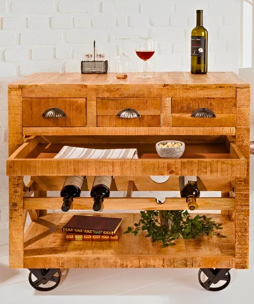 Mango Wood Bar Cart – front view showcasing its industrial design
