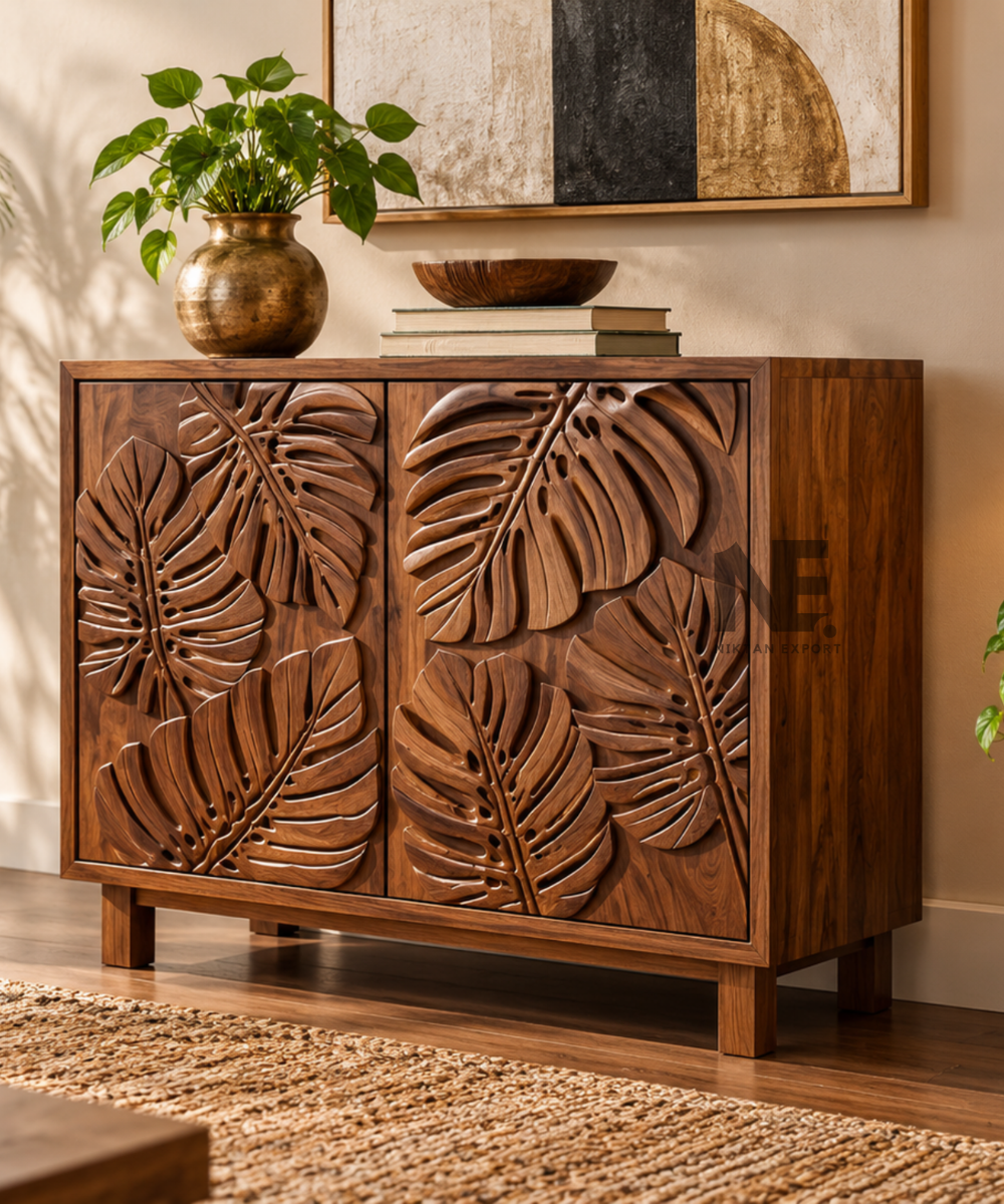 Rich brown wooden cabinet with deep decorative carving