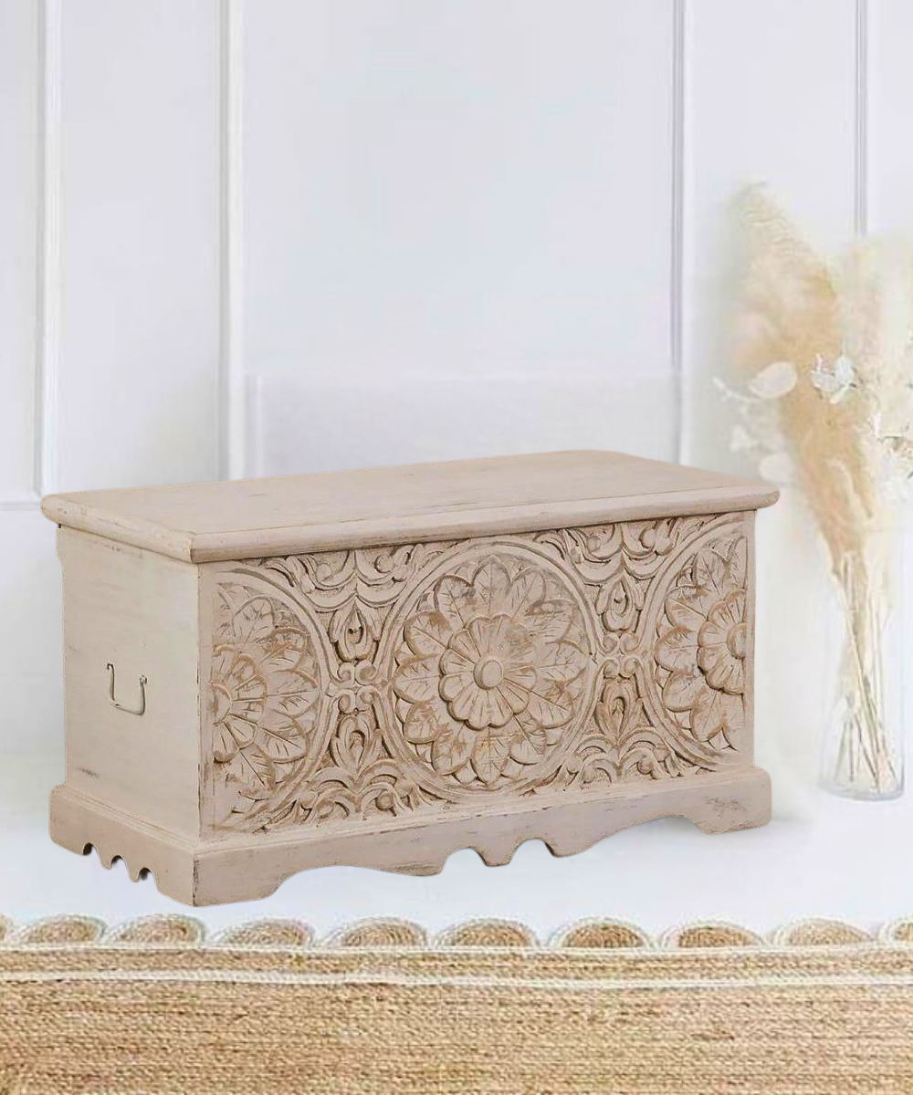 Front view of the Solid Wood Trunk showcasing elegant relief engraving