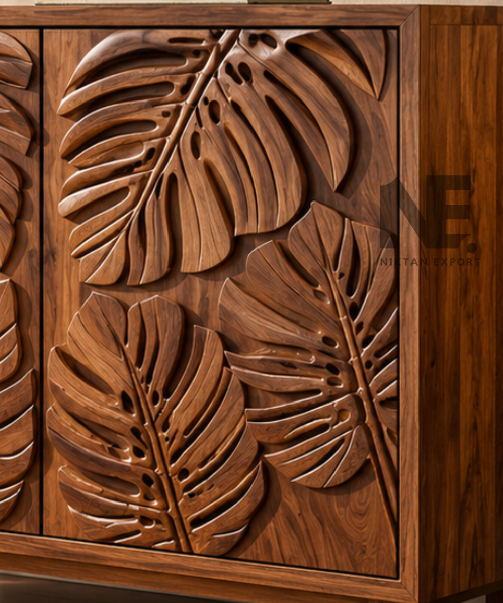 Natural wood grain on rich brown carved cabinet